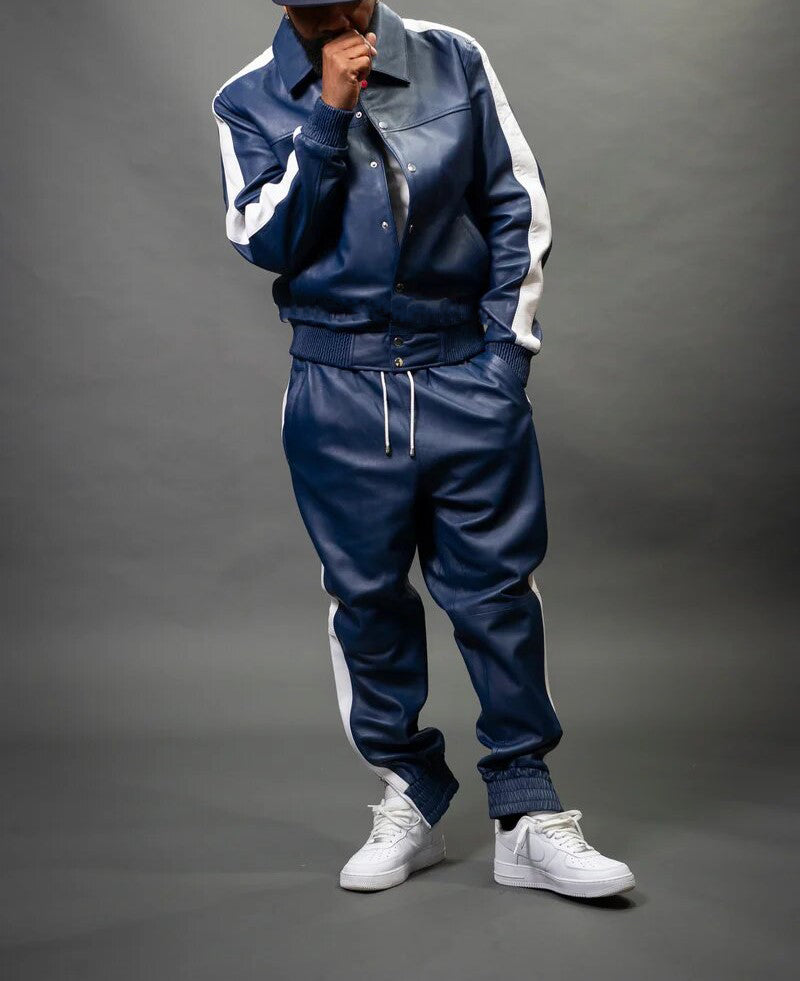 Men's Leather Track Suit Sweatsuit [Navy/White]