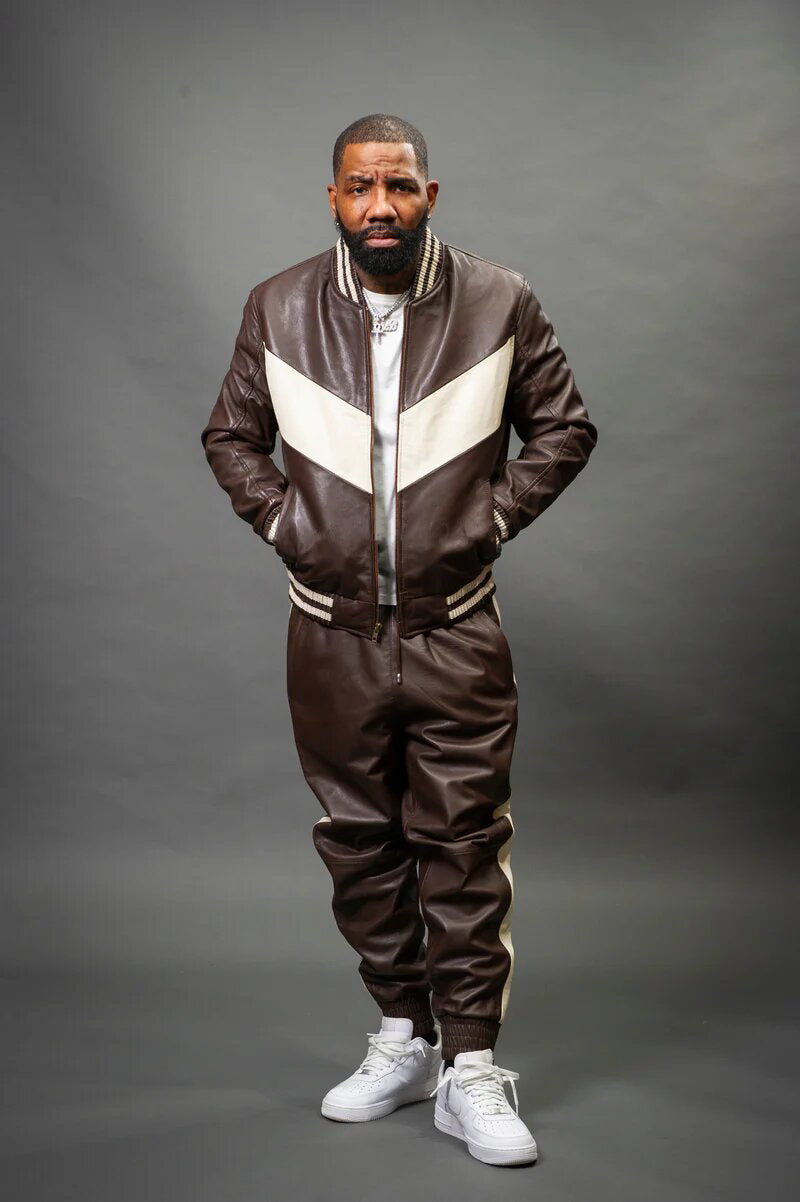 Men's V-Baseball Leather Track Suit Sweatsuit [Chocolate/Beige]
