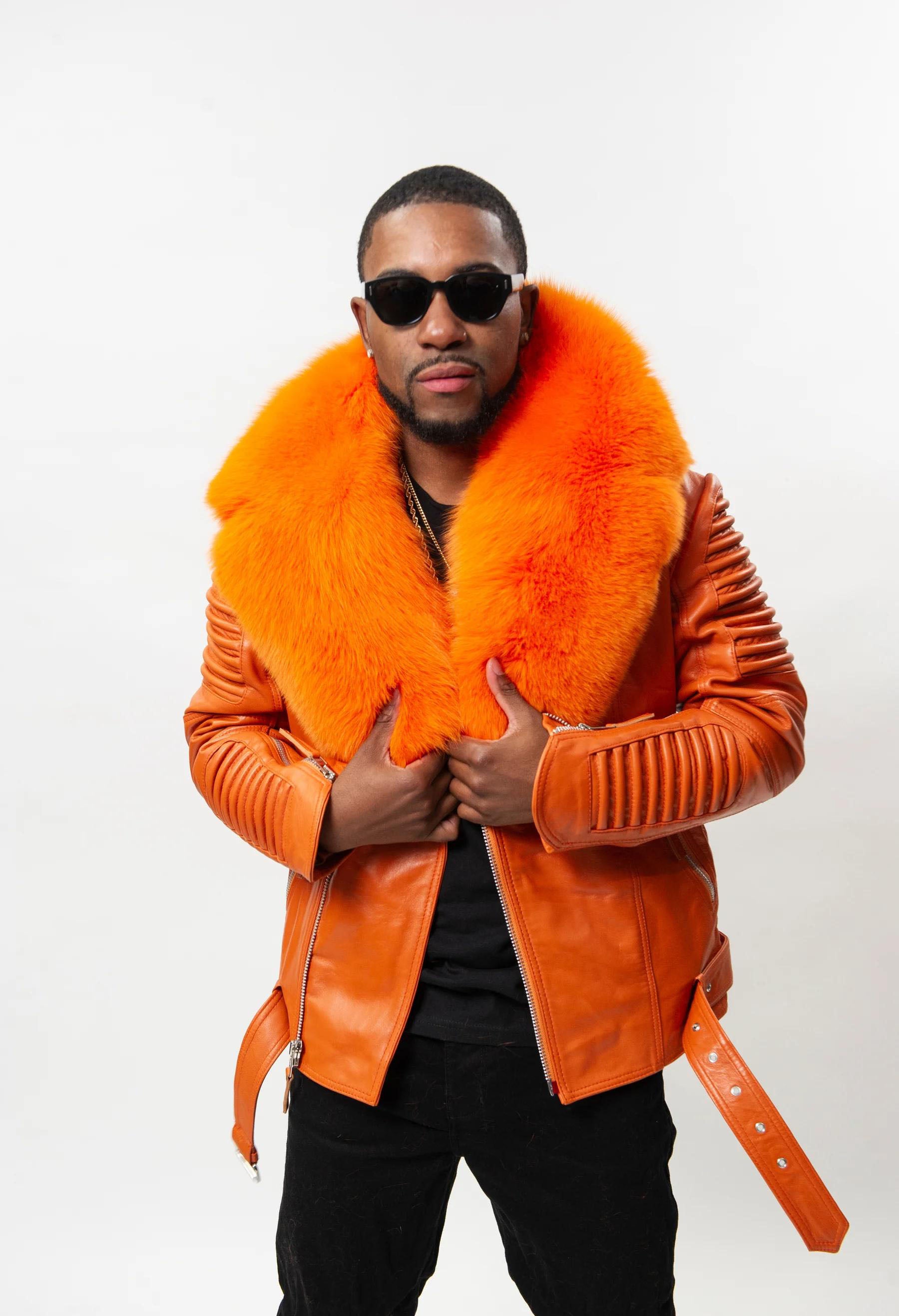 Men's Trey Biker With Fur Collar Leather Jacket [Orange]