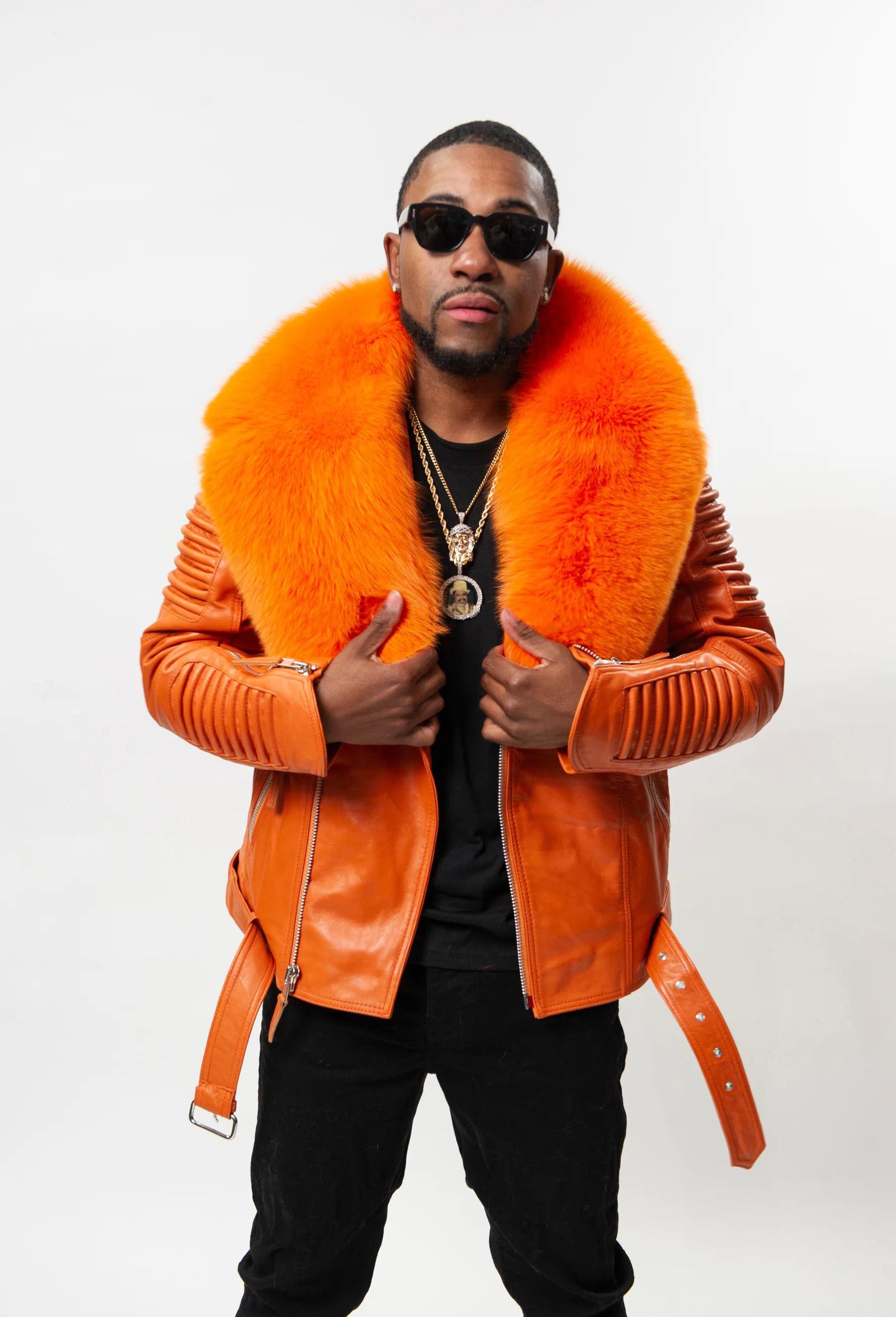 Men's Trey Biker With Fur Collar Leather Jacket [Orange]