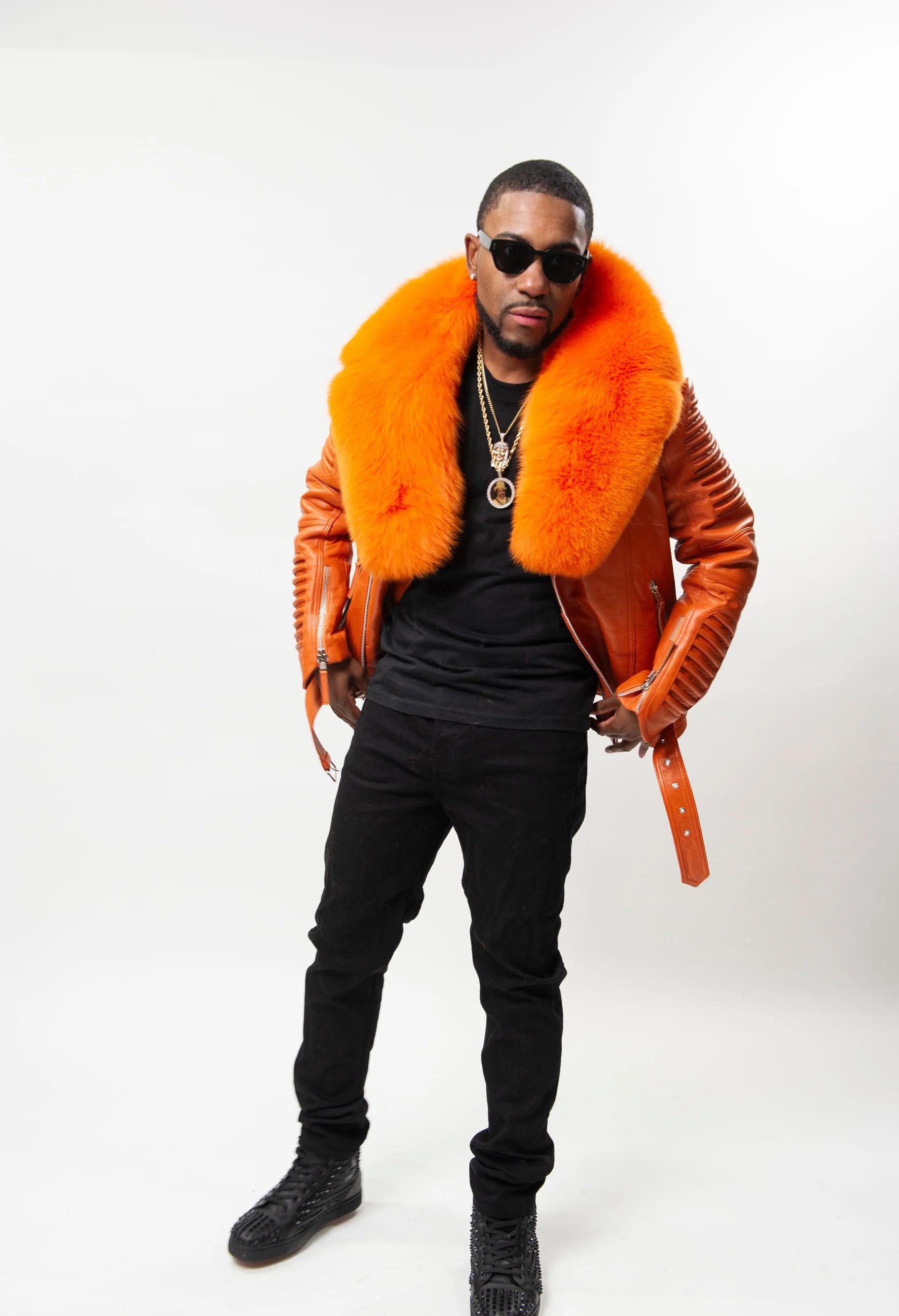 Men's Trey Biker With Fur Collar Leather Jacket [Orange]