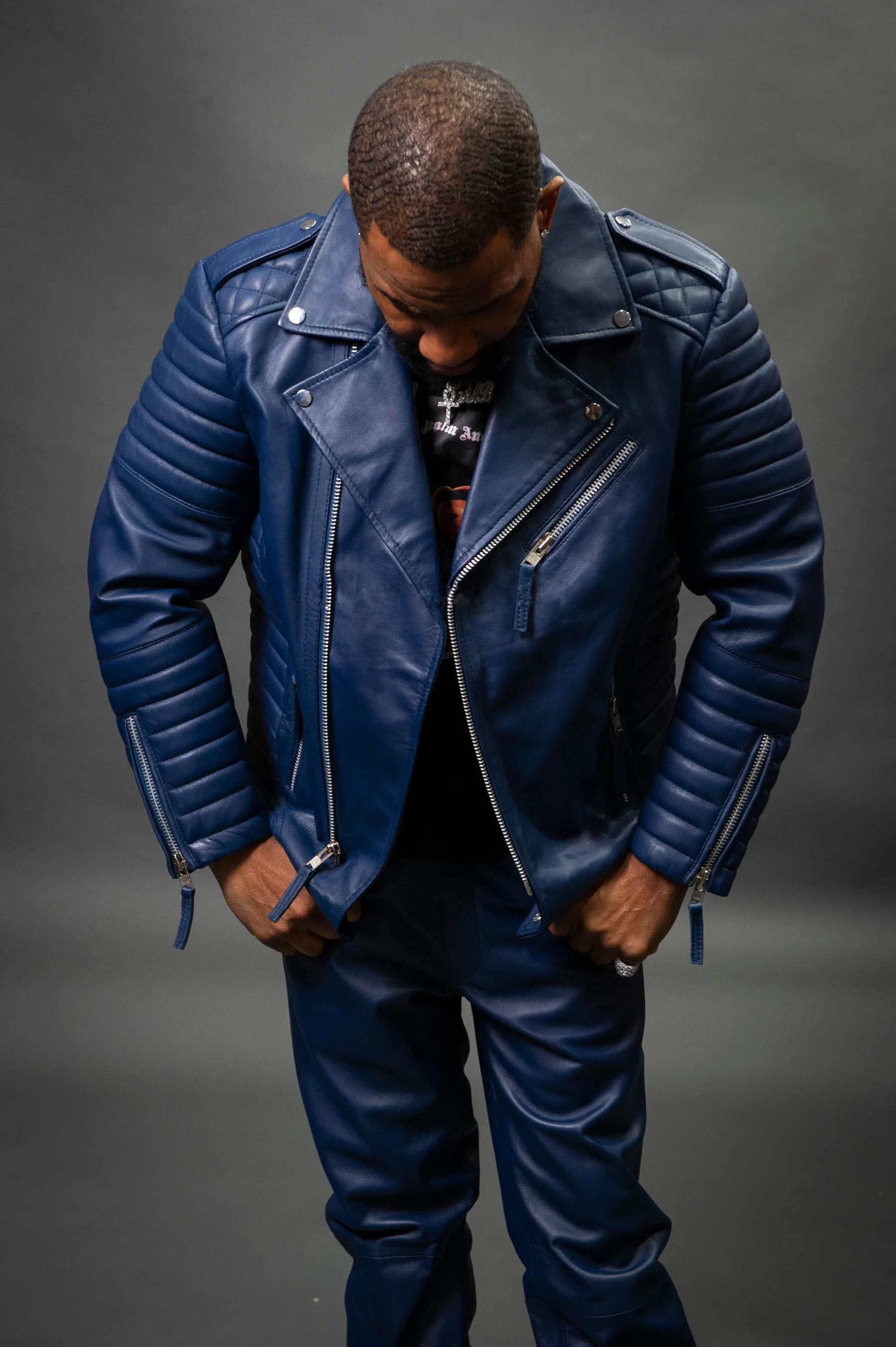 Men's Jay Biker Over-sized Leather Jacket [Navy]