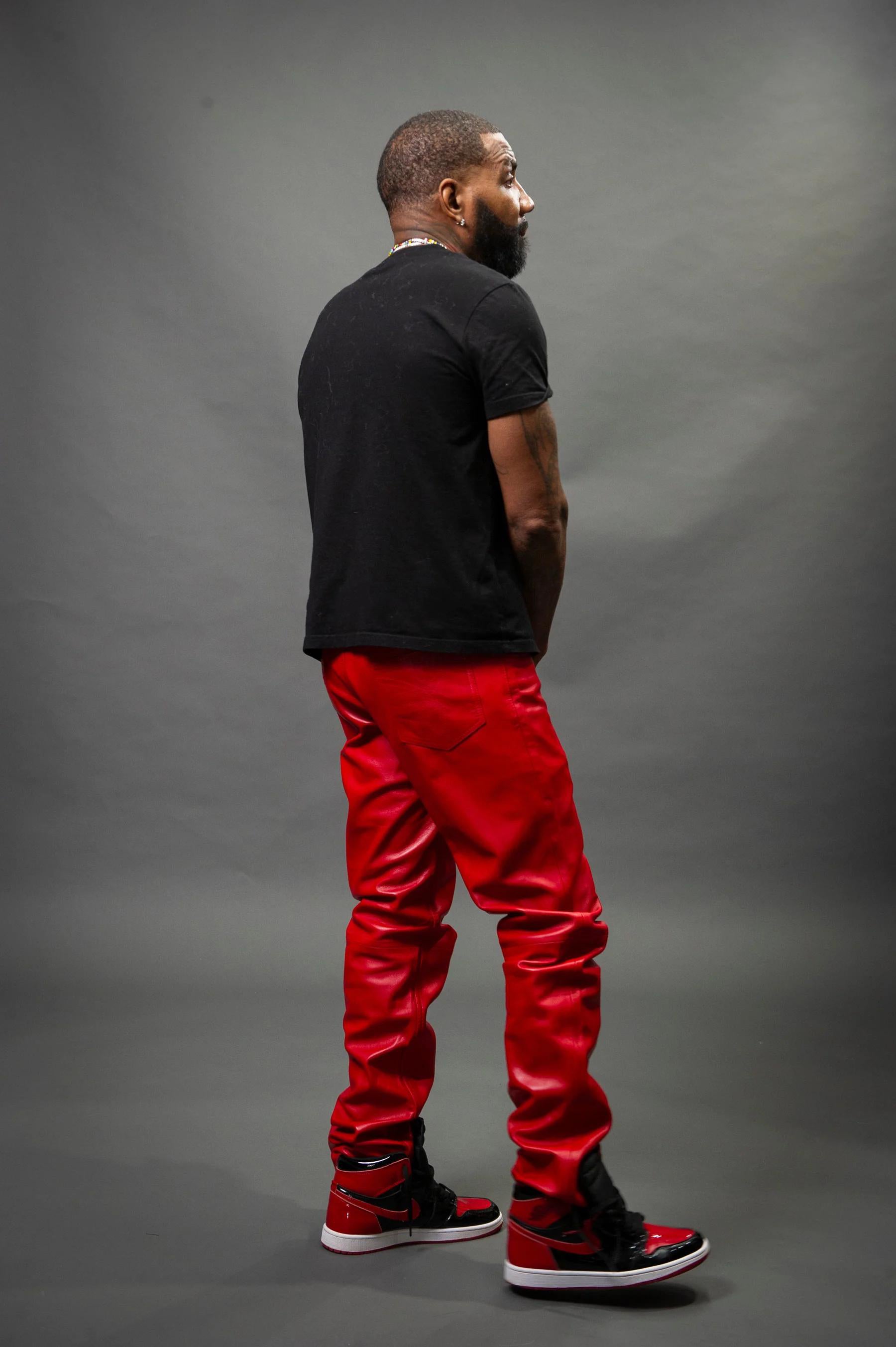 Men's Genuine Plain Leather Pants [Red]
