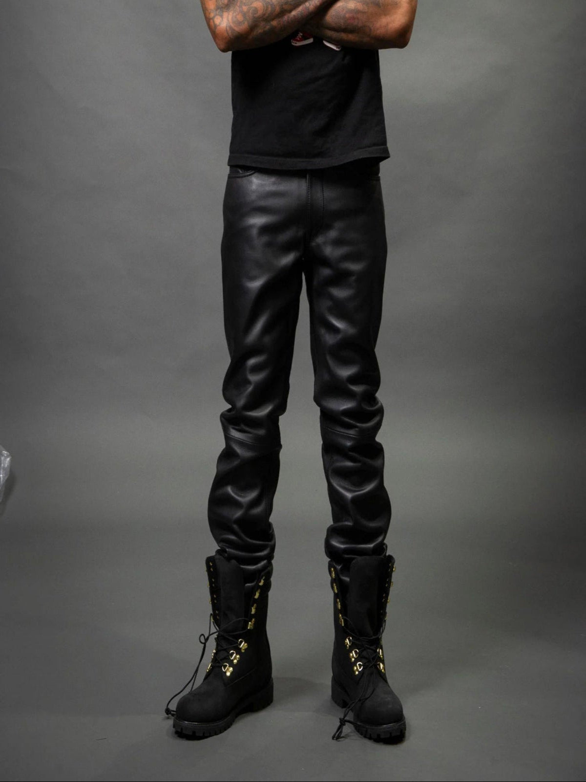 Men's Genuine Plain Leather Pants [Black]