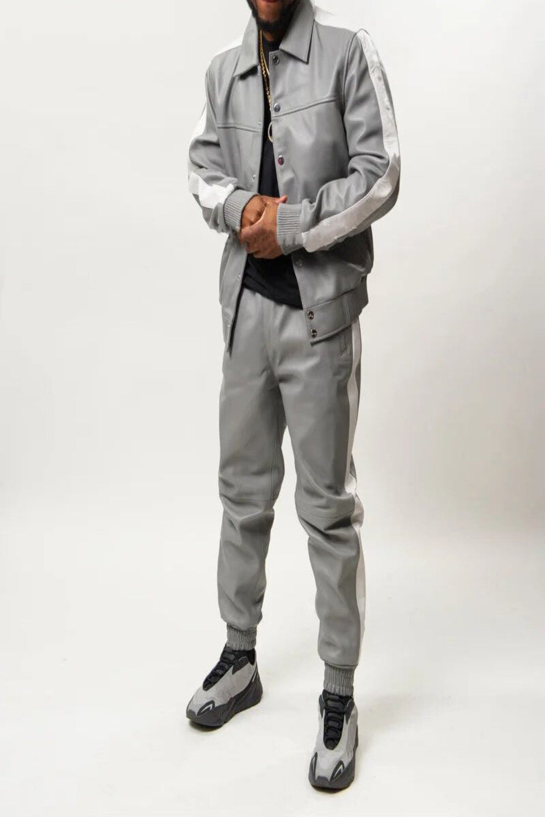 Men's Leather Track Suit Sweatsuit [Grey/White]