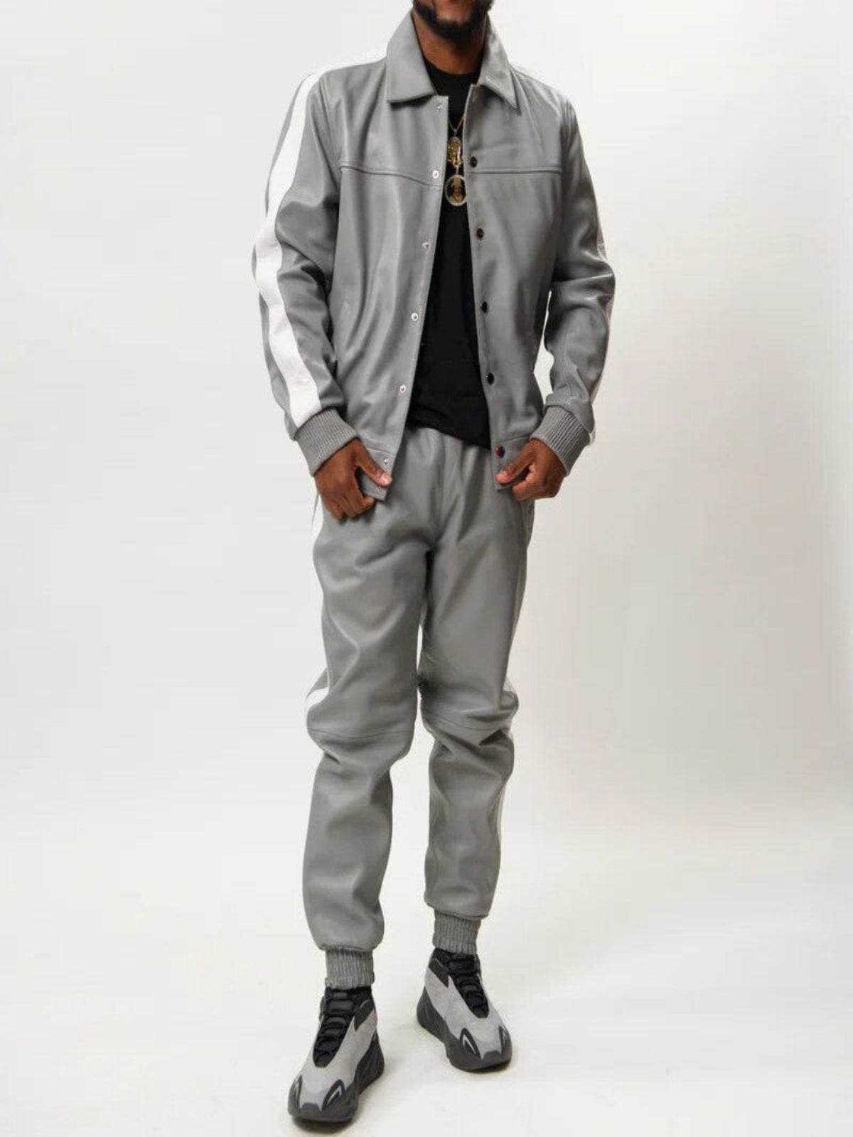 Men's Leather Track Suit Sweatsuit [Grey/White]