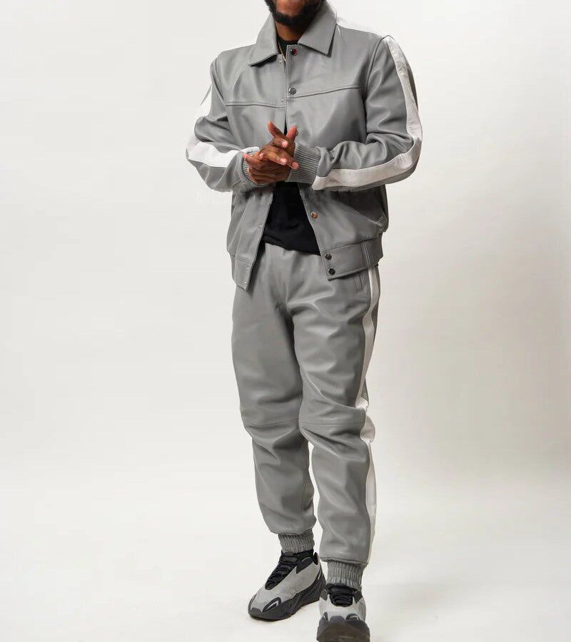 Men's Leather Track Suit Sweatsuit [Grey/White]