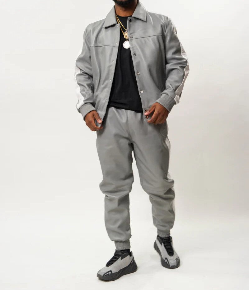 Men's Leather Track Suit Sweatsuit [Grey/White]