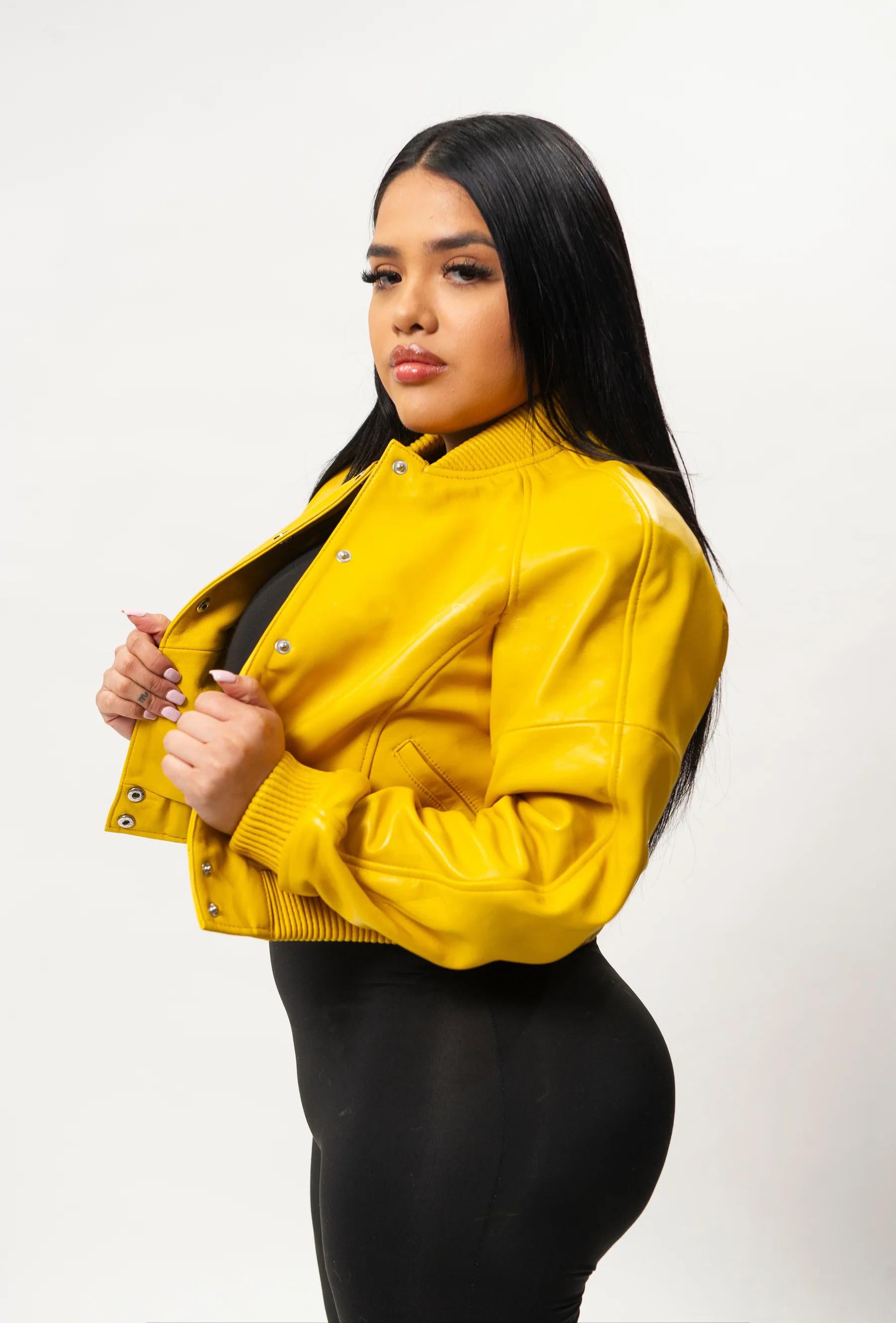 Women's Crop Leather Varsity Jacket [Yellow]