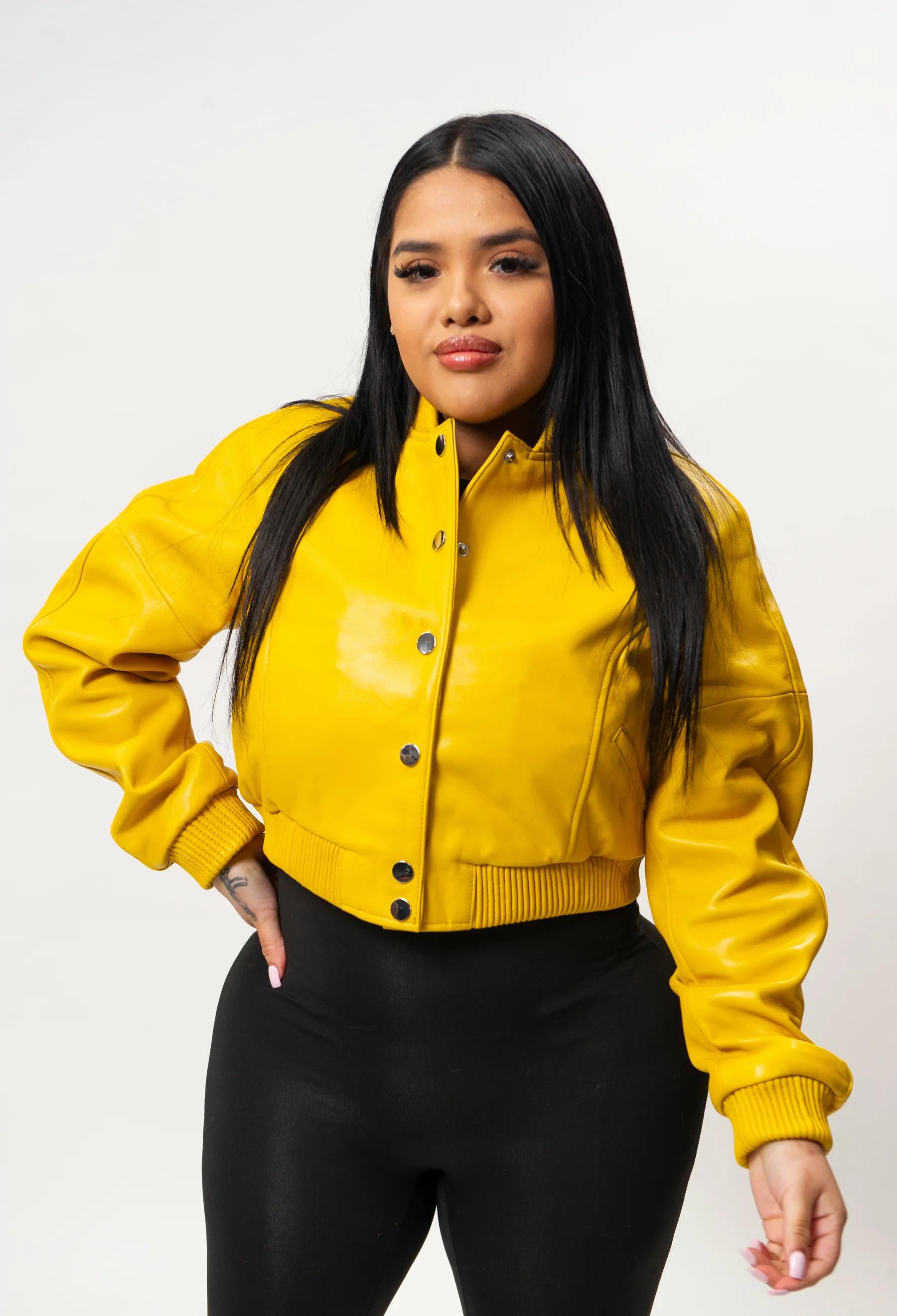 Women's Crop Leather Varsity Jacket [Yellow]