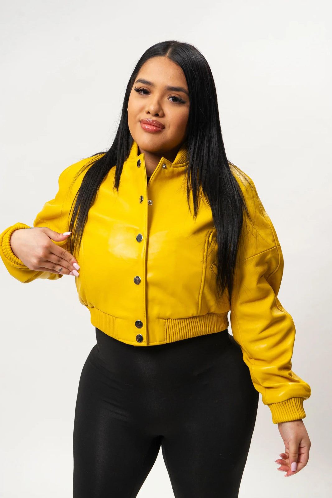 Women's Crop Leather Varsity Jacket [Yellow]