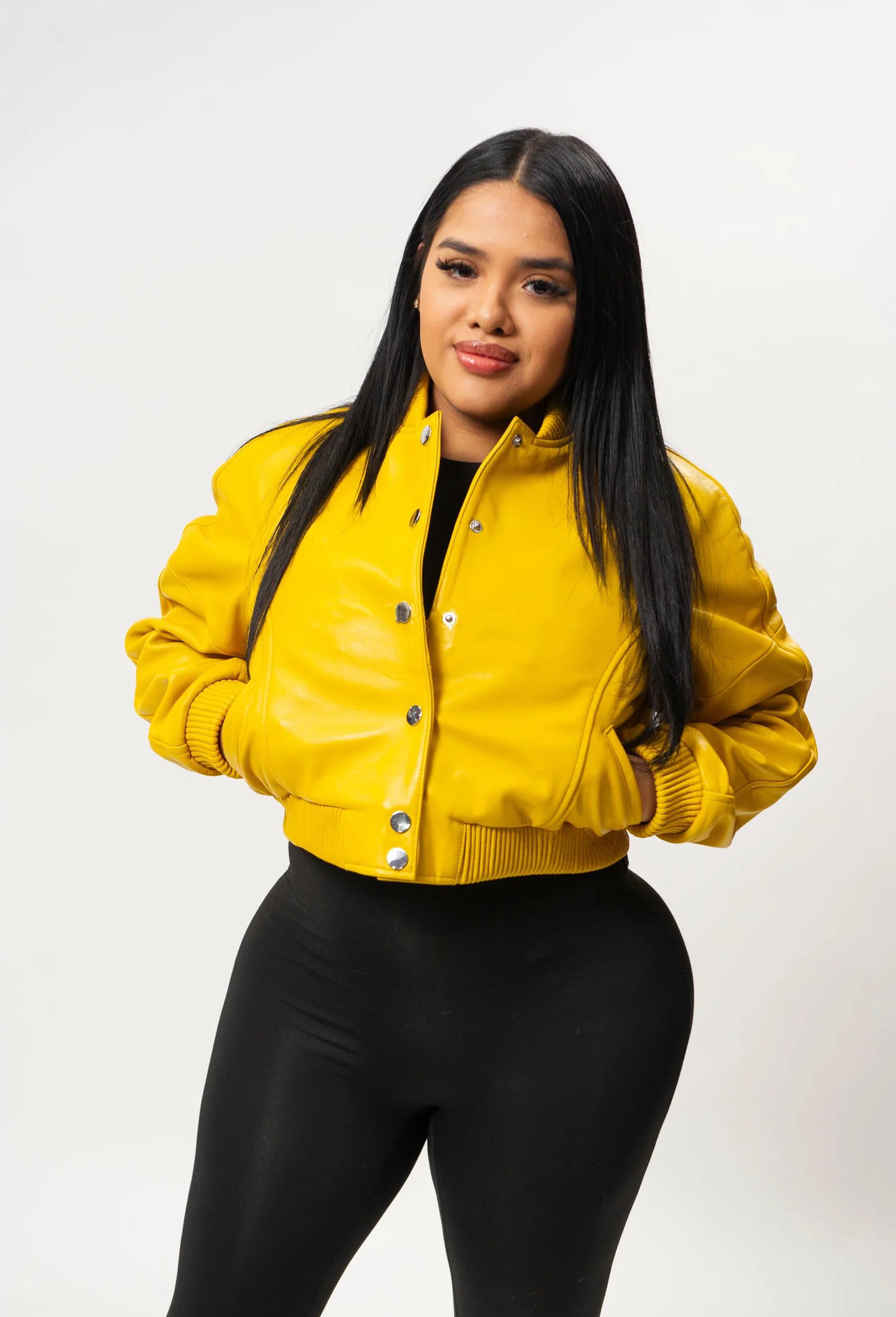 Women's Crop Leather Varsity Jacket [Yellow]