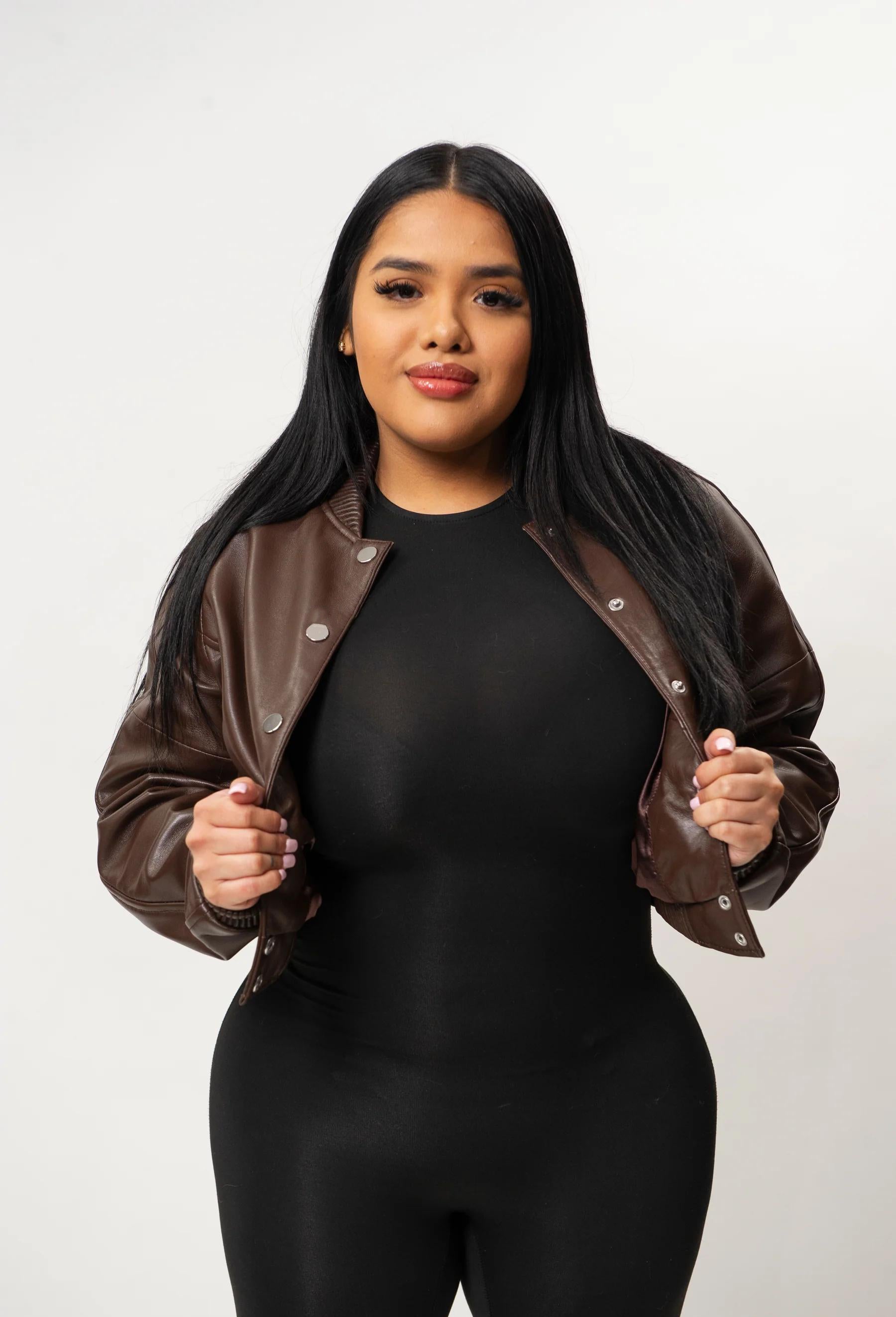 Women's Crop Leather Varsity Jacket [Dark Brown]