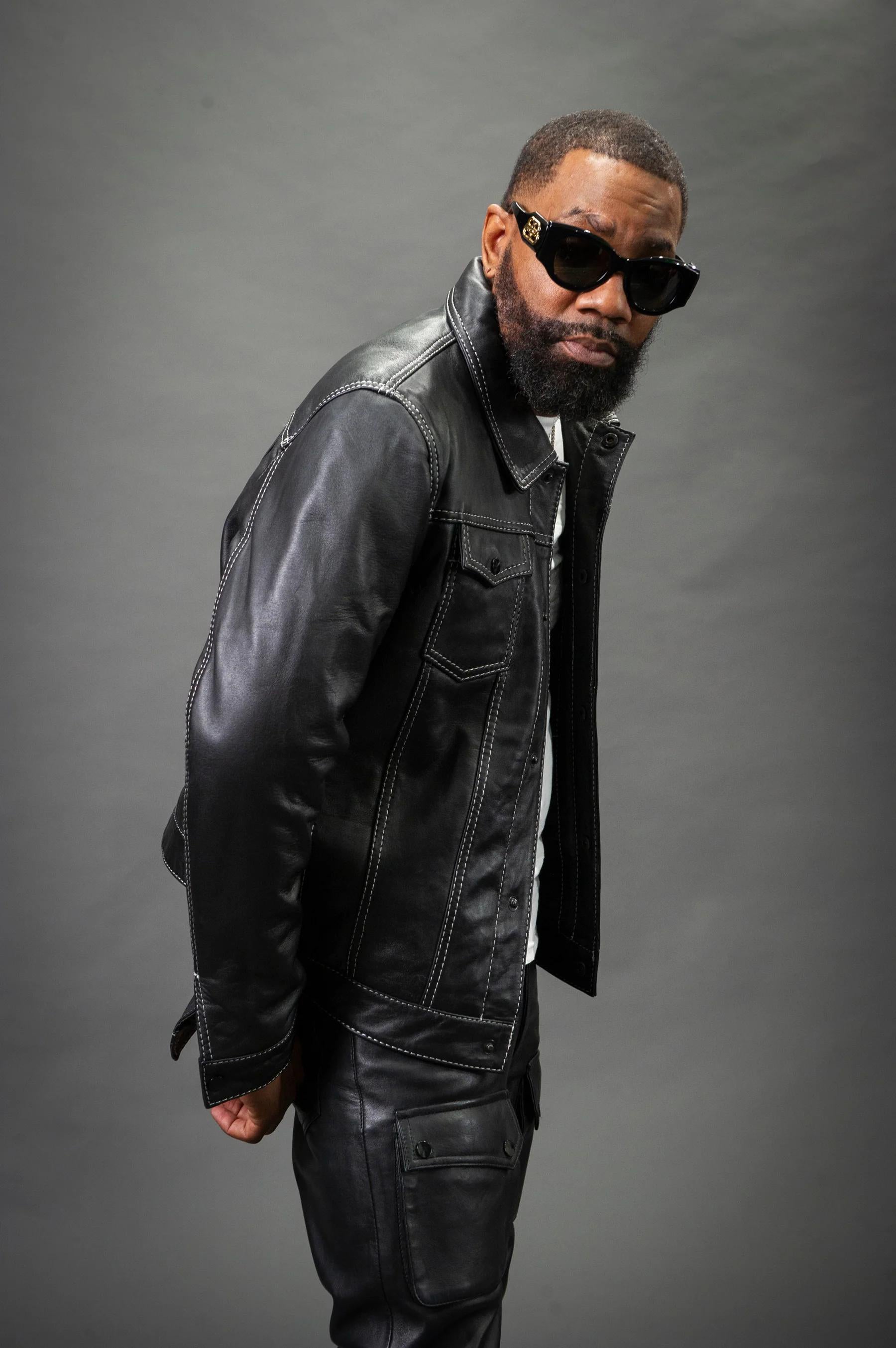 Men's Safari Leather Jacket And Cargo Pants Set [Black]