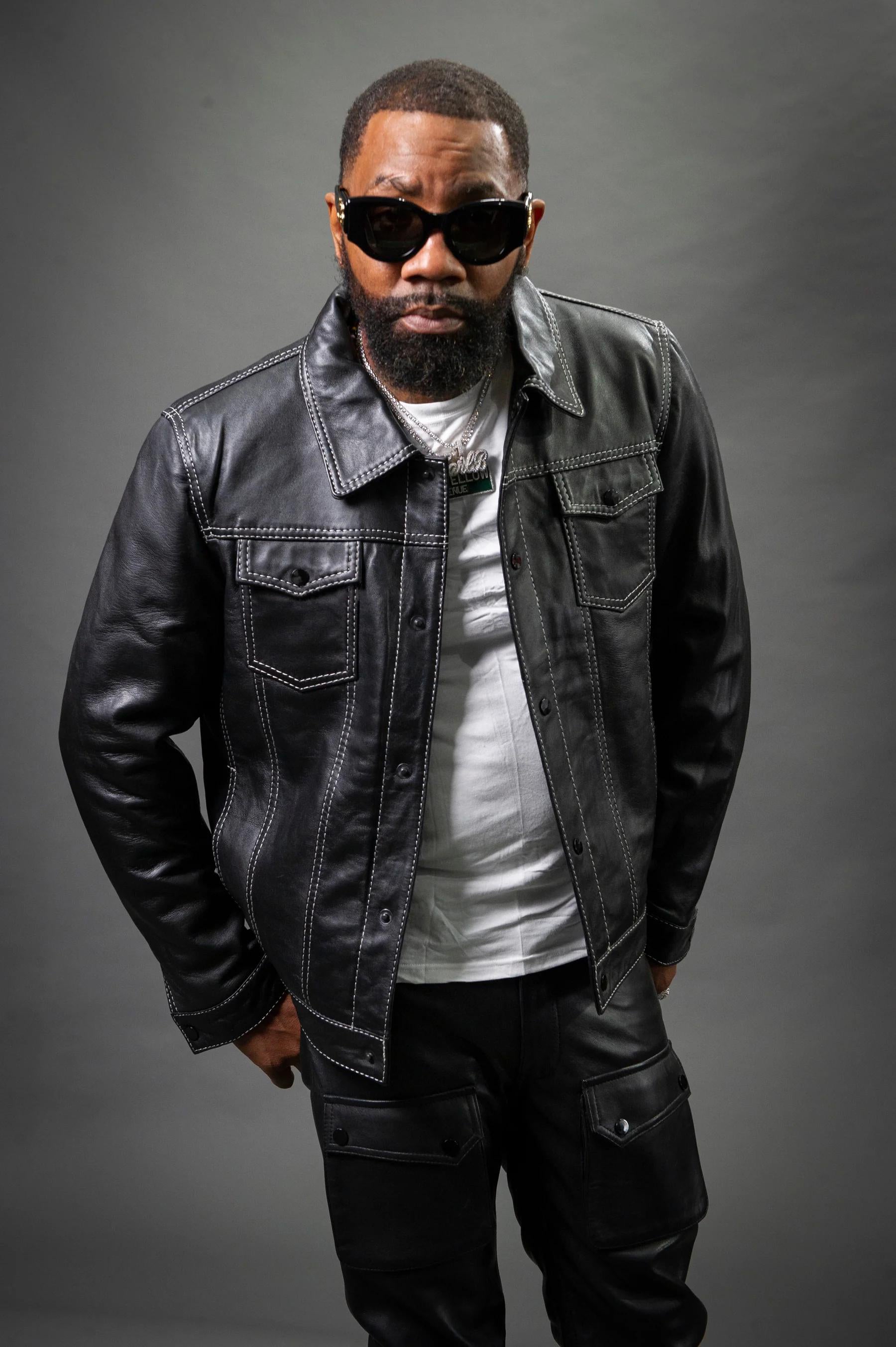 Men's Safari Leather Jacket And Cargo Pants Set [Black]