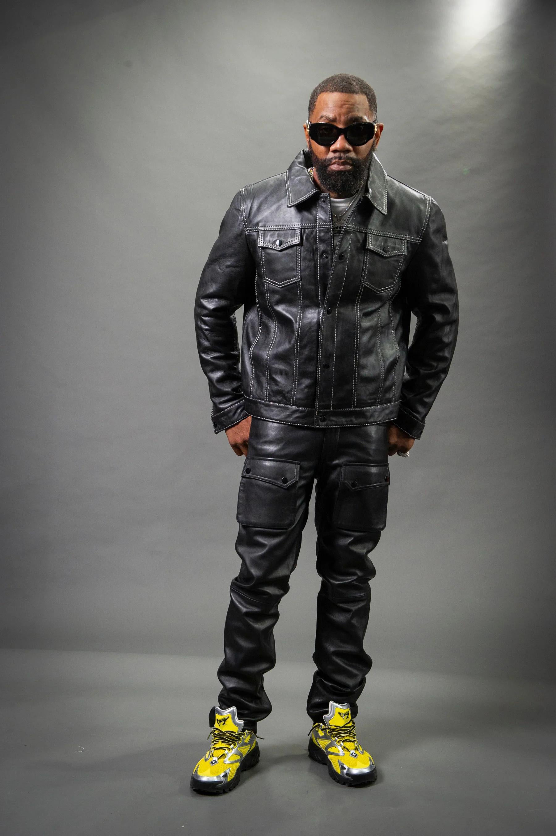 Men's Safari Leather Jacket And Cargo Pants Set [Black]