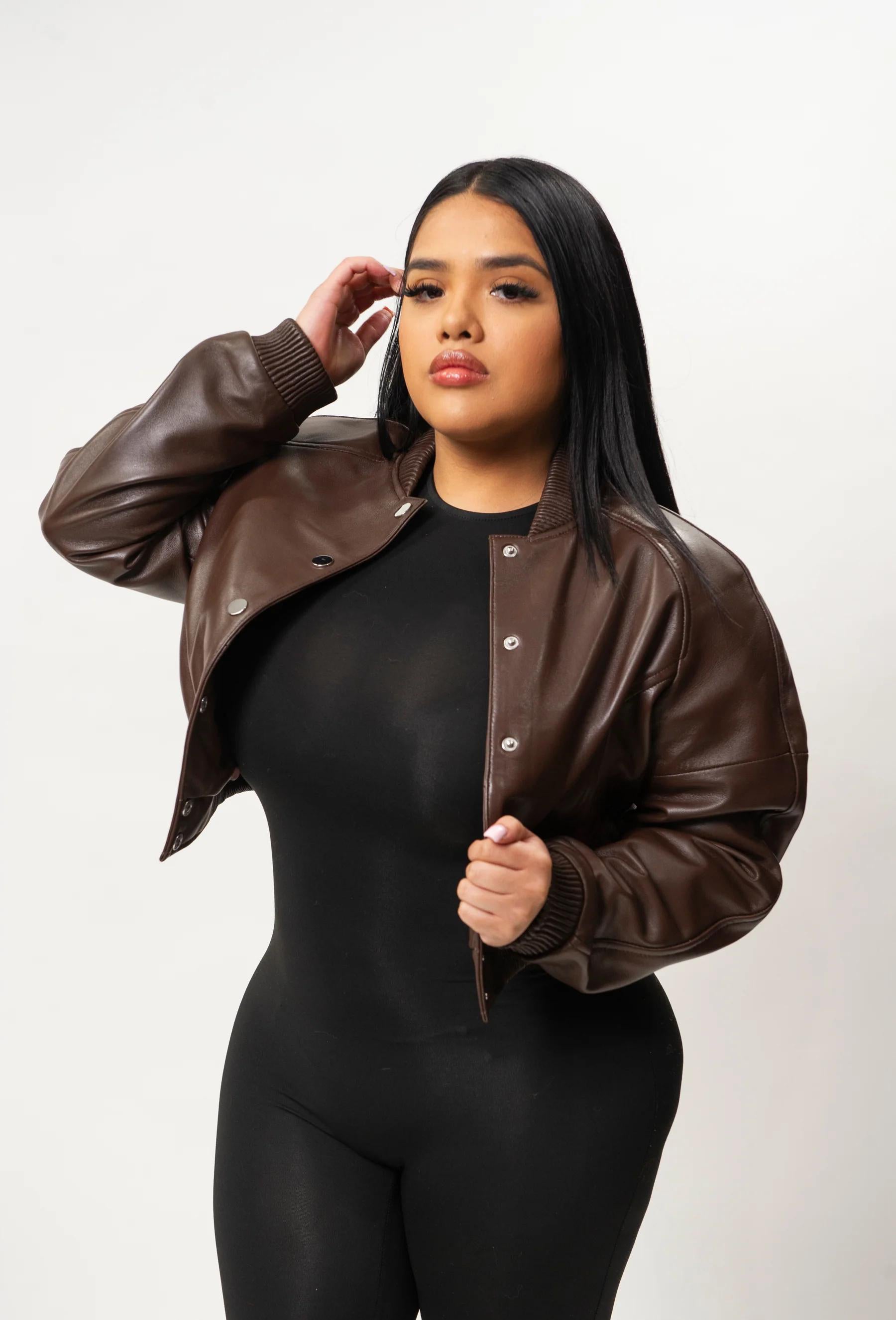 Women's Crop Leather Varsity Jacket [Dark Brown]