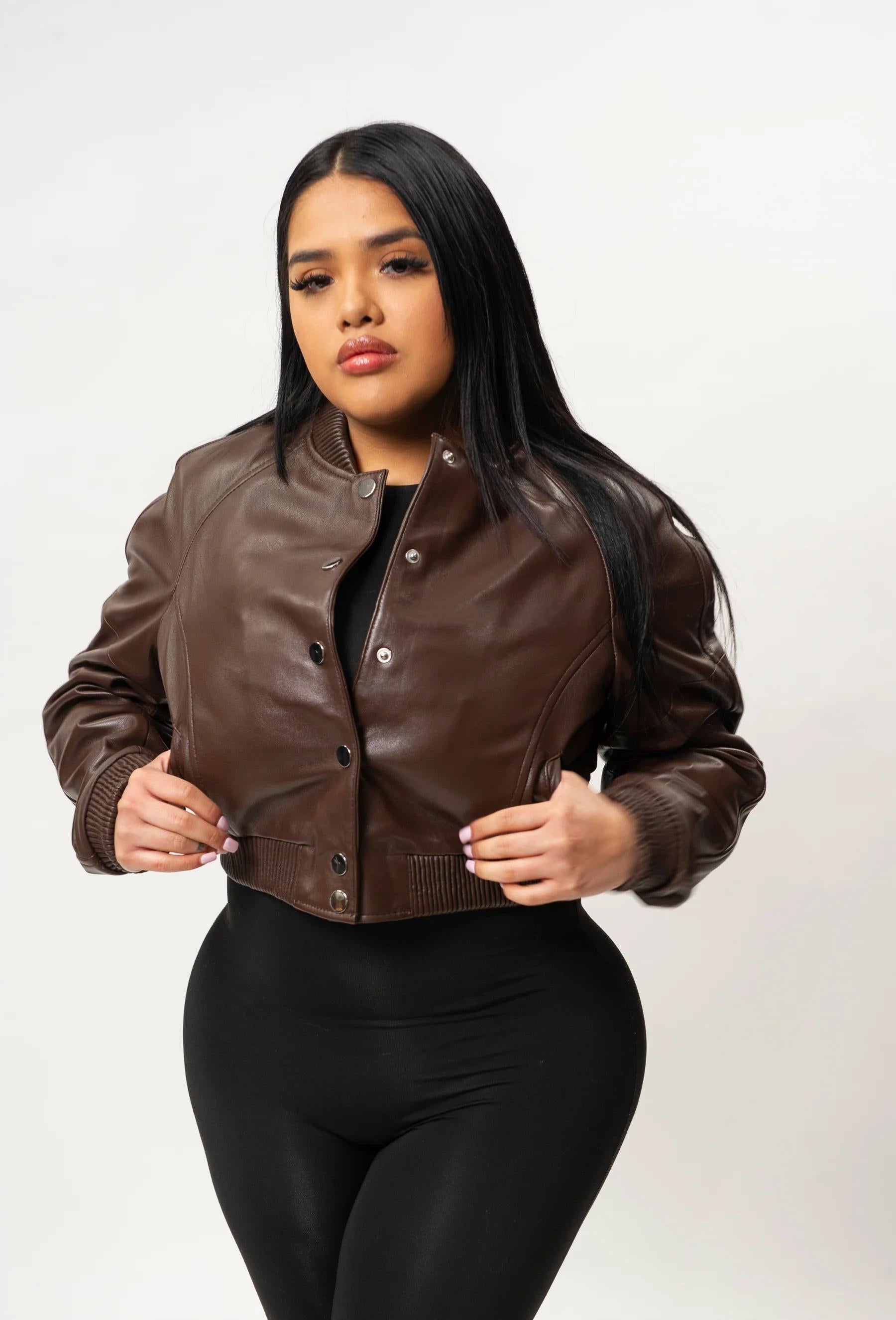 Women's Crop Leather Varsity Jacket [Dark Brown]