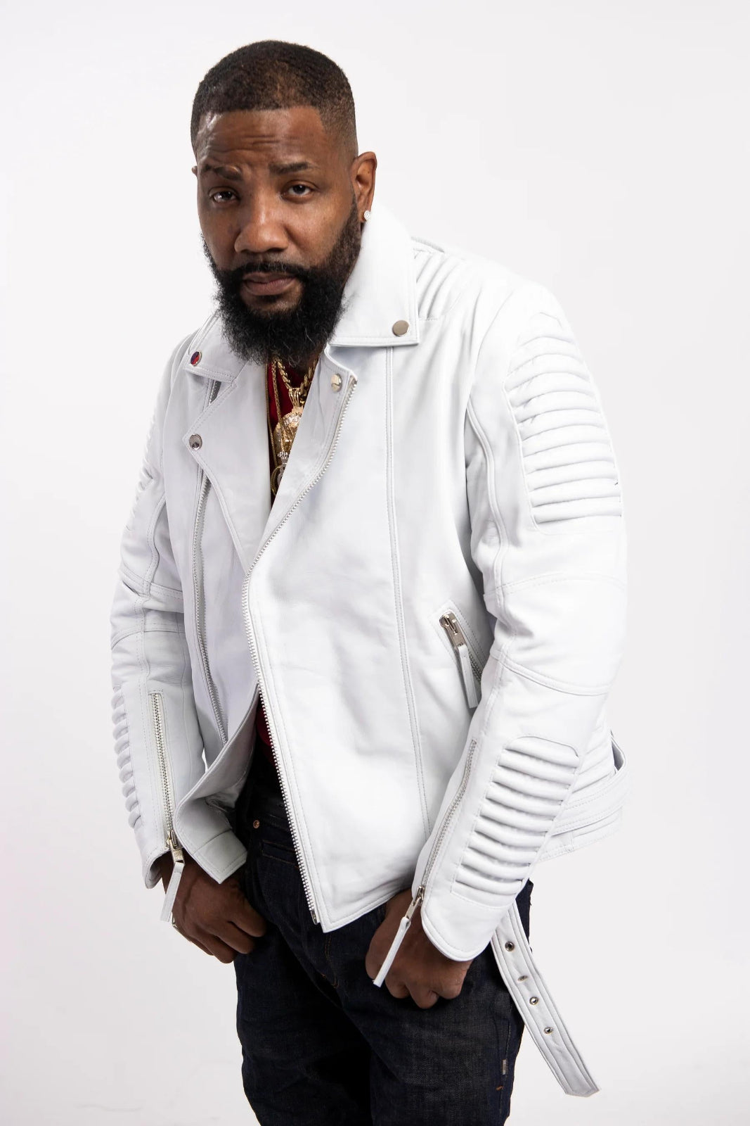 Men's Trey Biker Over-sized Leather Jacket [White]