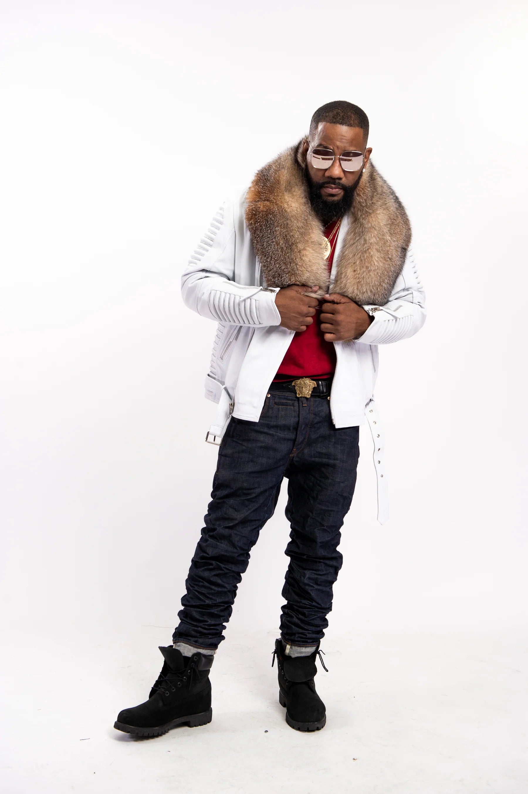 Men's Trey Biker With Fur Collar Leather Jacket [White]