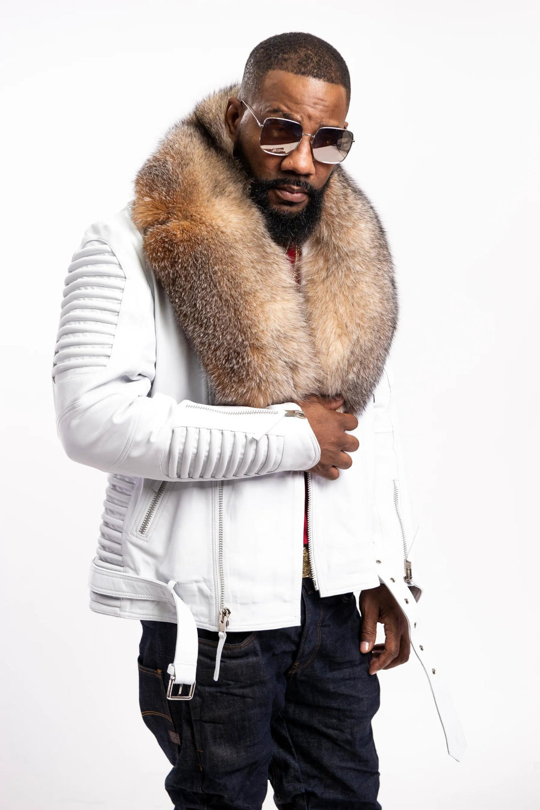 Men's Trey Biker With Fur Collar Leather Jacket [White]
