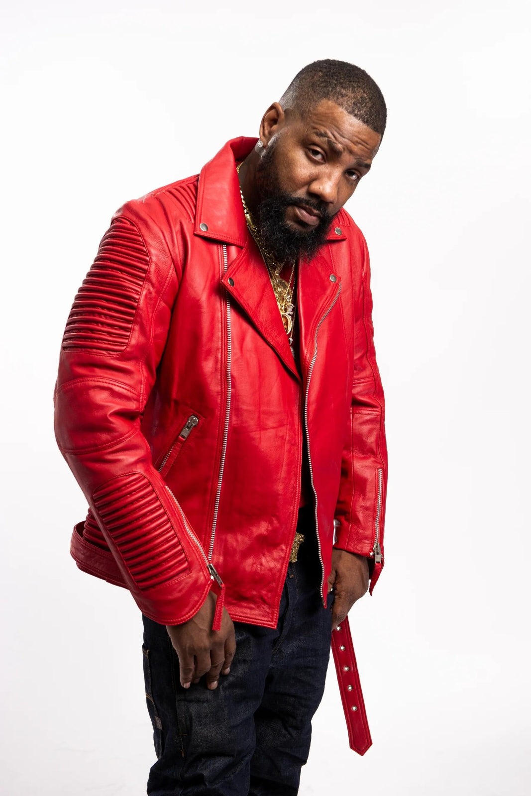 Men's Trey Biker Over-sized Leather Jacket [Red]