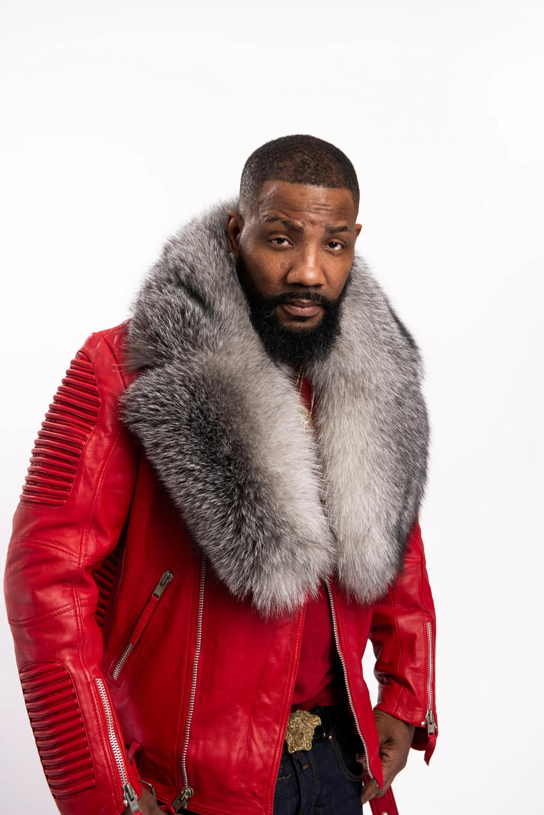 Men's Trey Biker With Fur Collar Leather Jacket [Red]