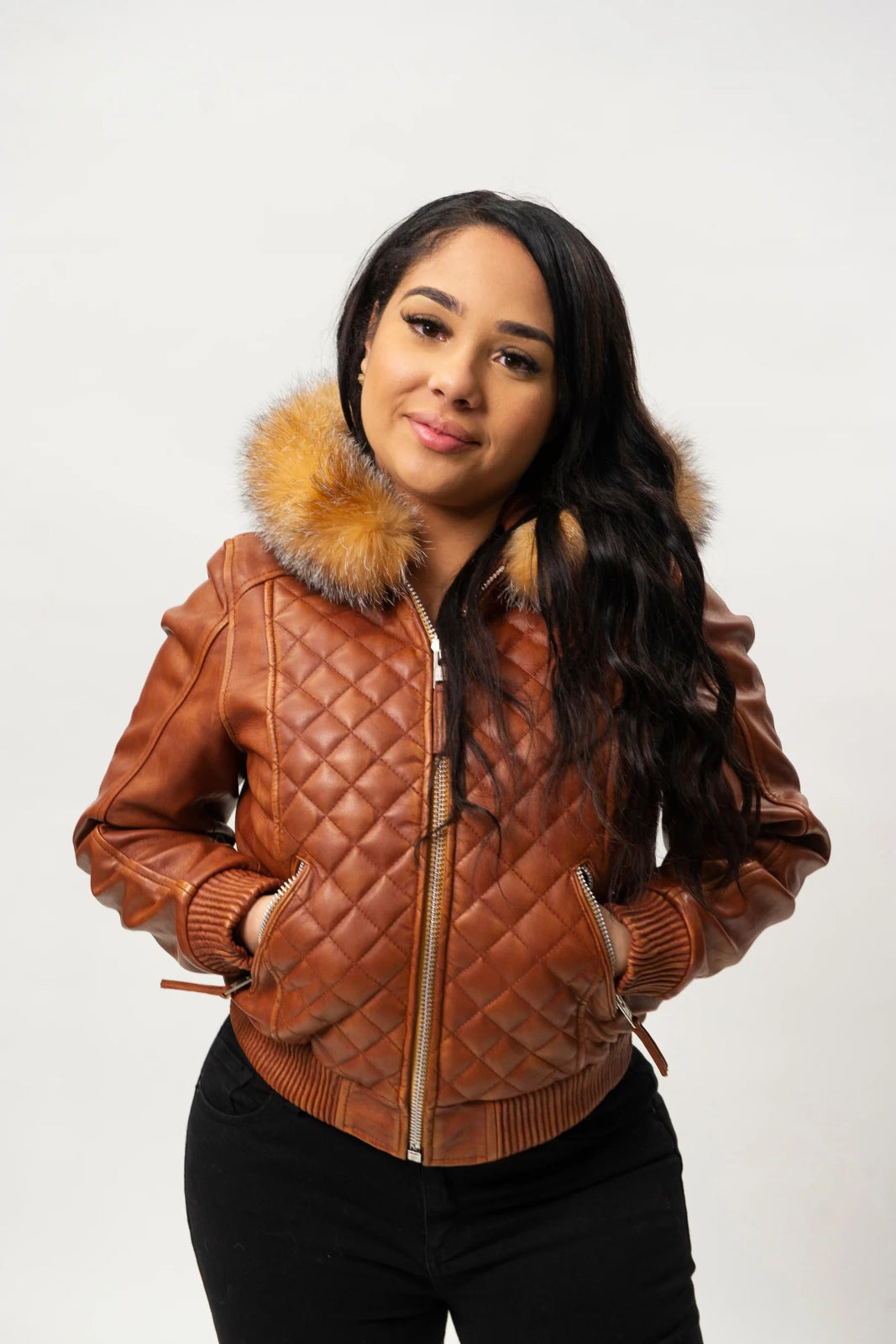 Women's Genuine Leather Fur Hood Lucas Jacket [Brown]