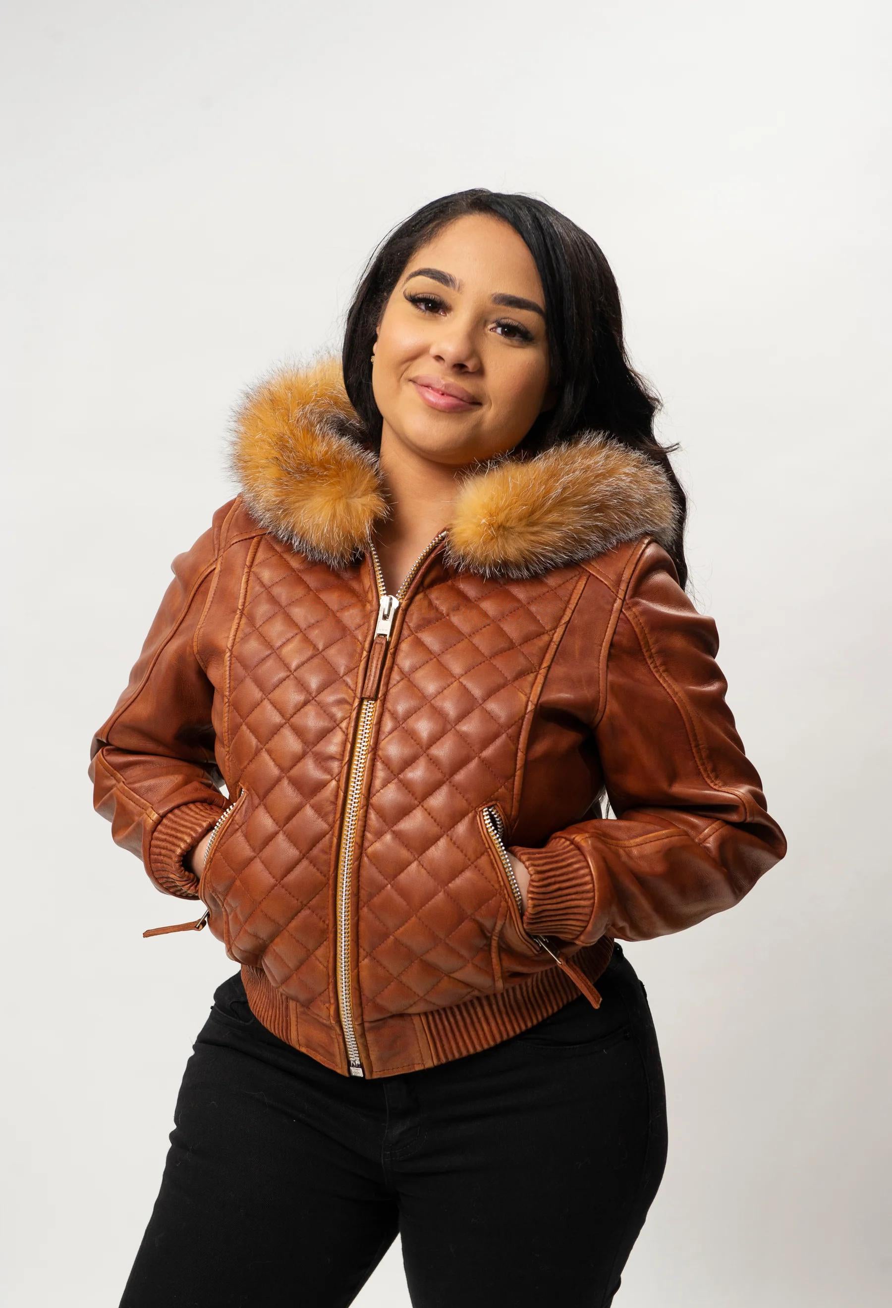 Women's Genuine Leather Fur Hood Lucas Jacket [Brown]