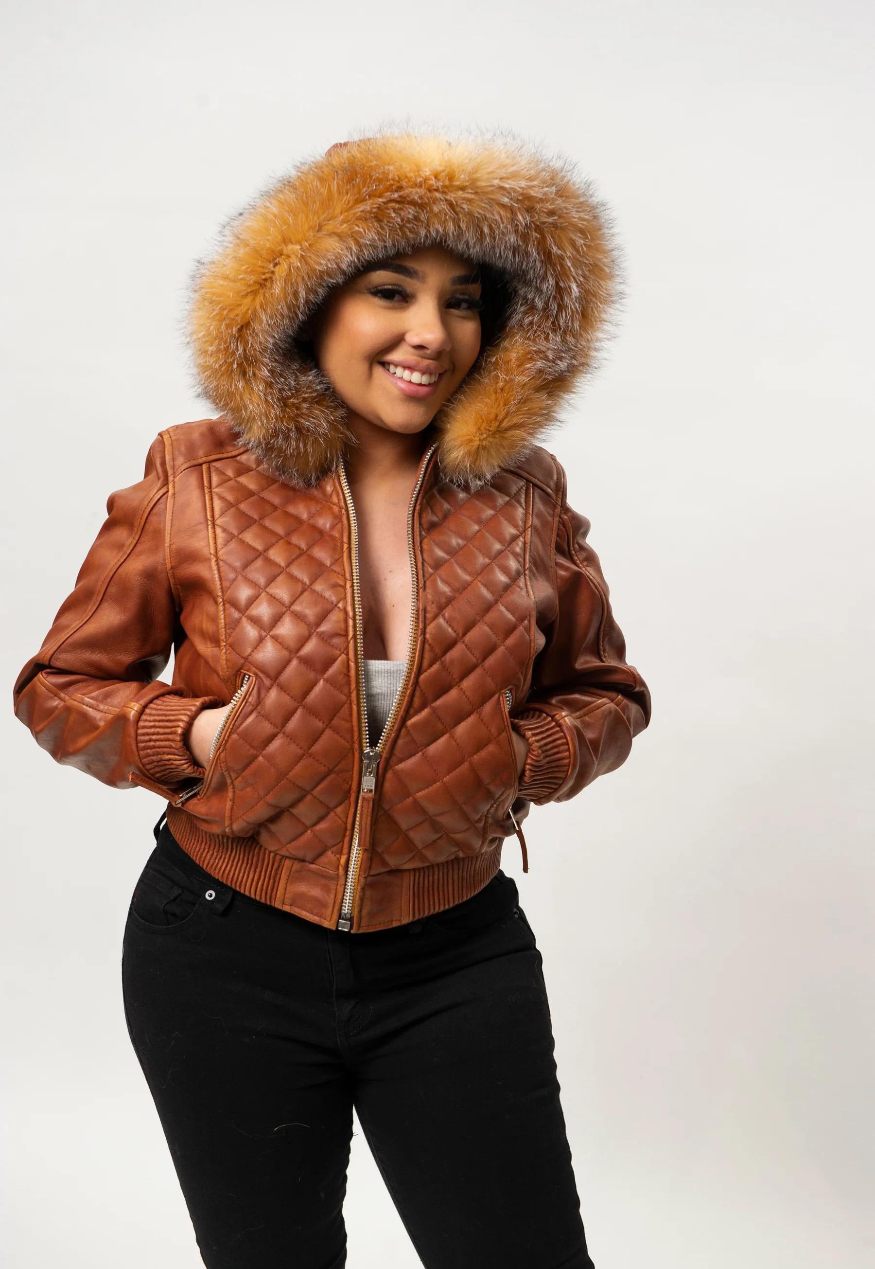 Women's Genuine Leather Fur Hood Lucas Jacket [Brown]