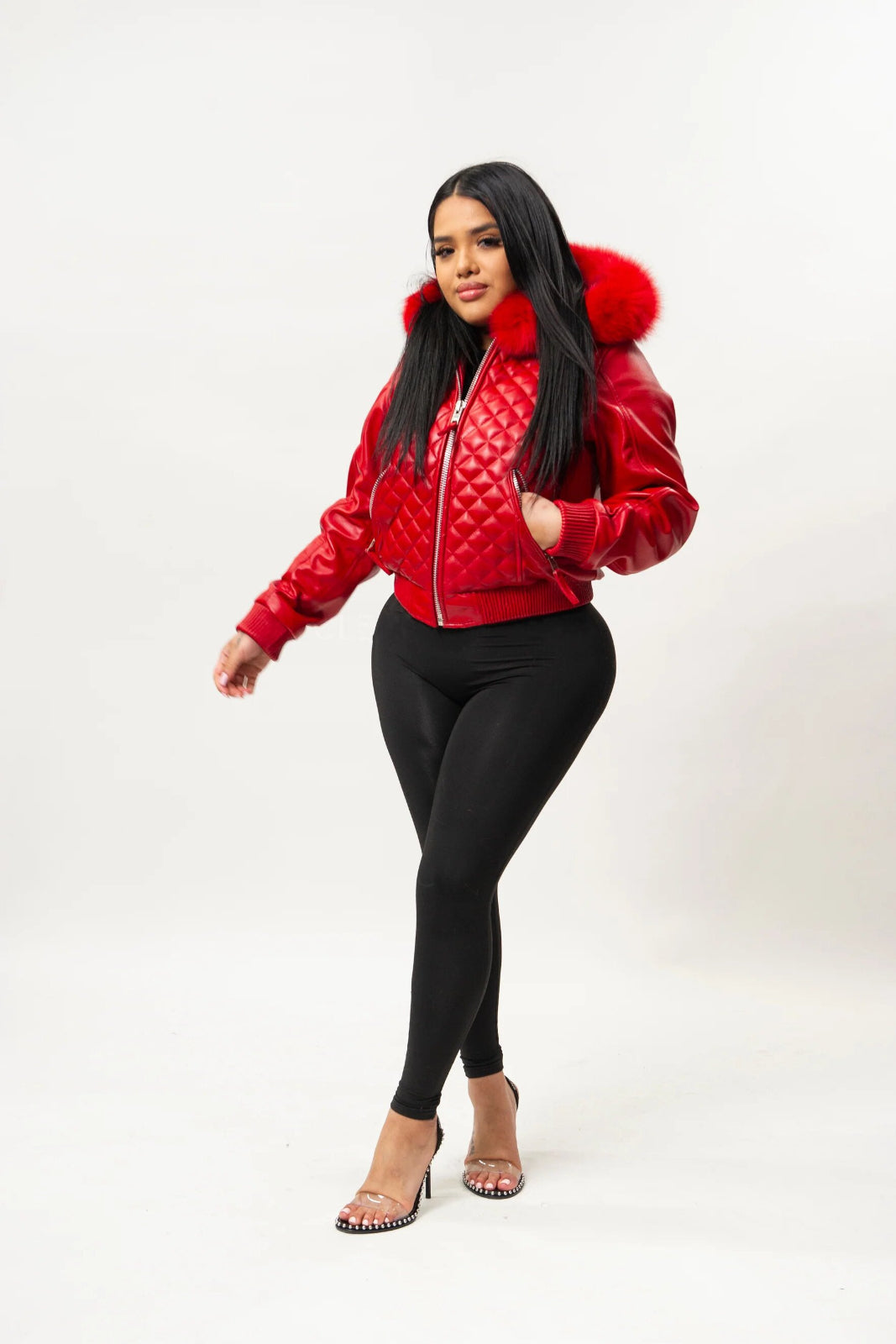 Women's Genuine Leather Fur Hood Lucas Jacket [Red]