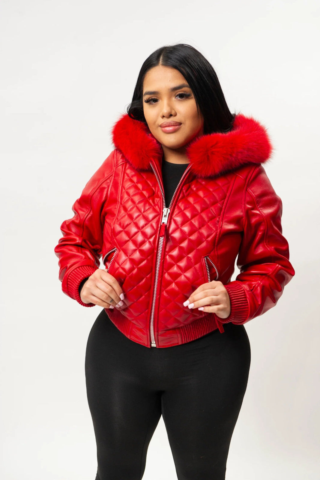 Women's Genuine Leather Fur Hood Lucas Jacket [Red]