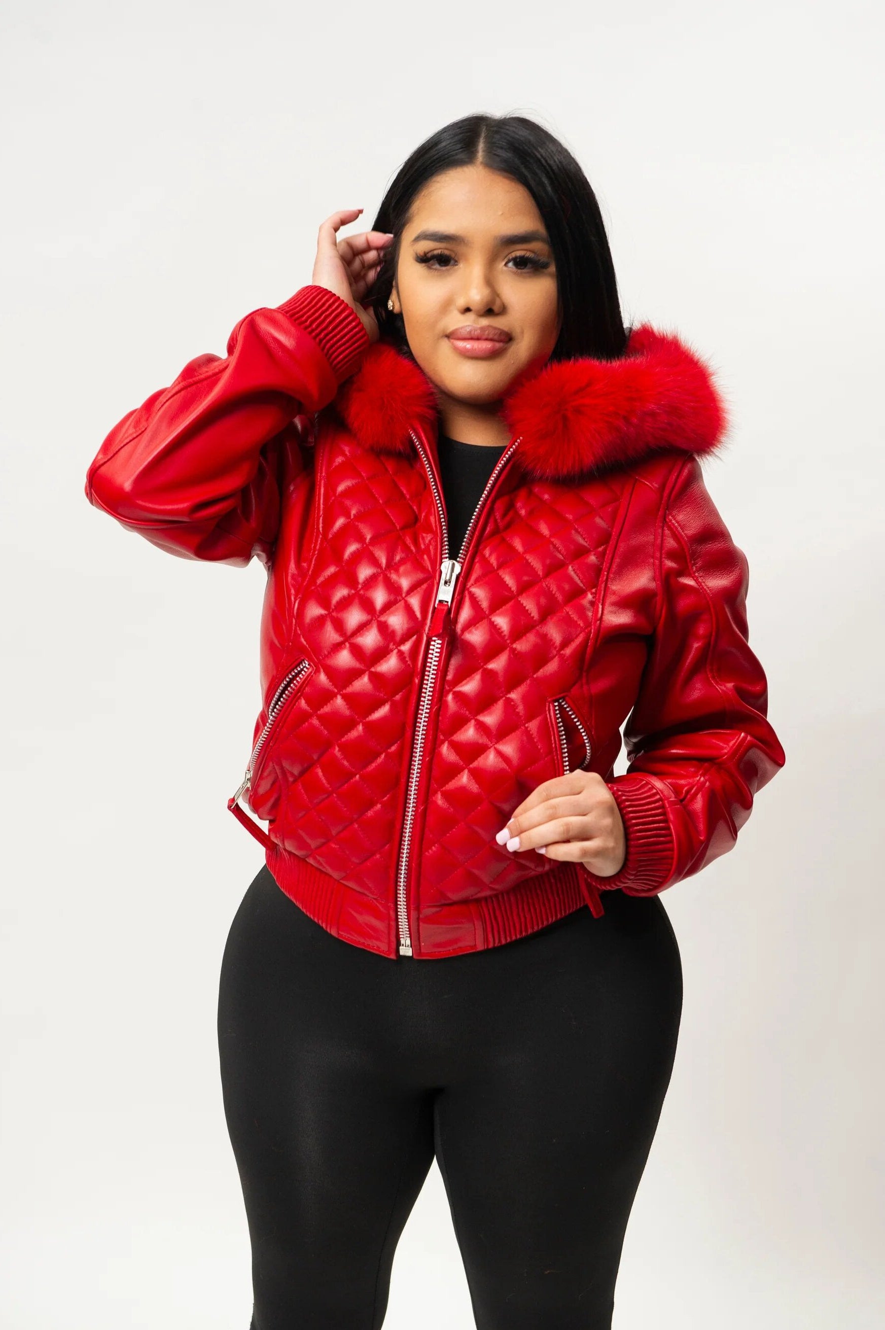 Women's Genuine Leather Fur Hood Lucas Jacket [Red]