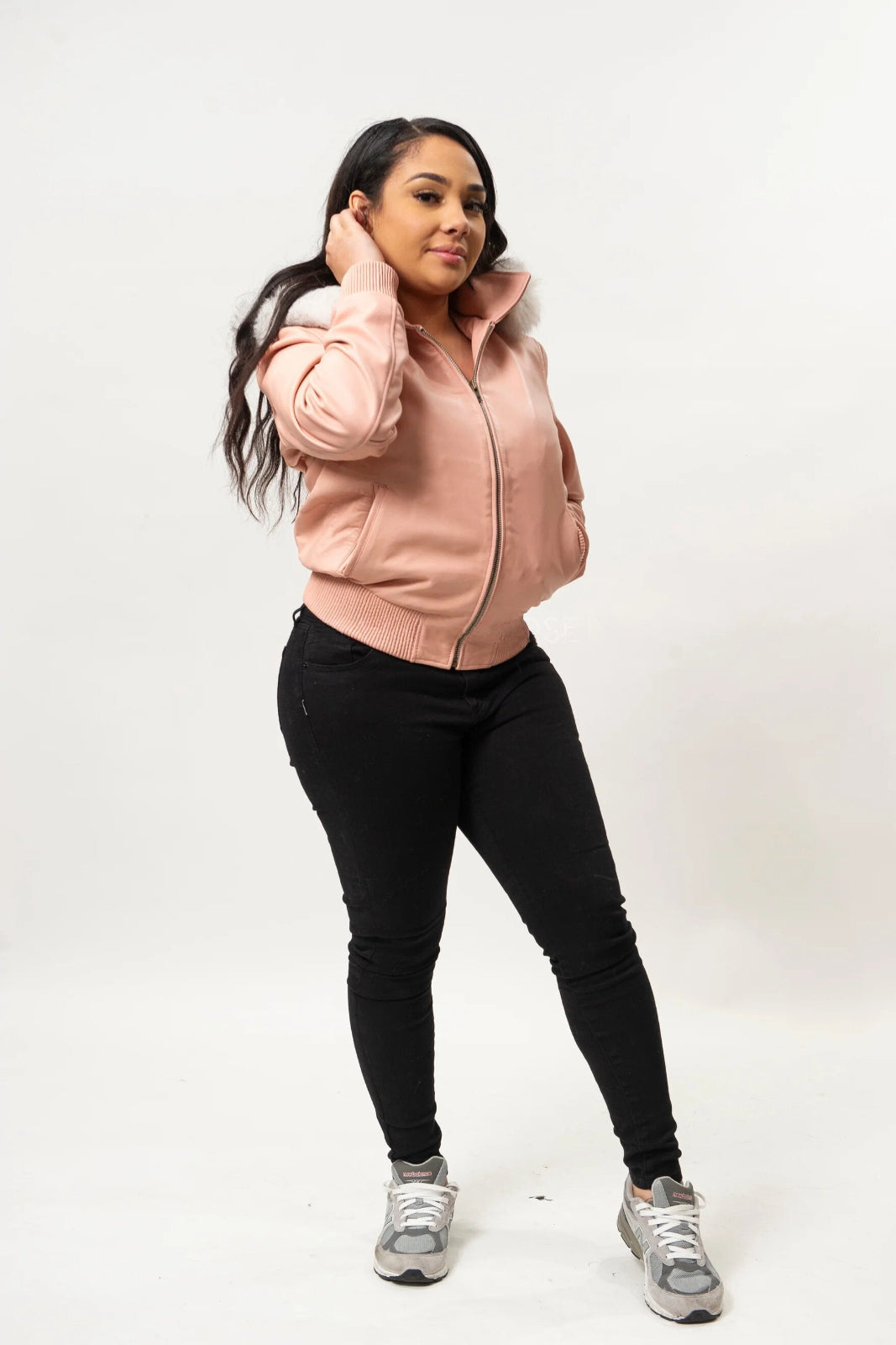 Women's Genuine Leather Fur Hood Jacket [Baby Pink]