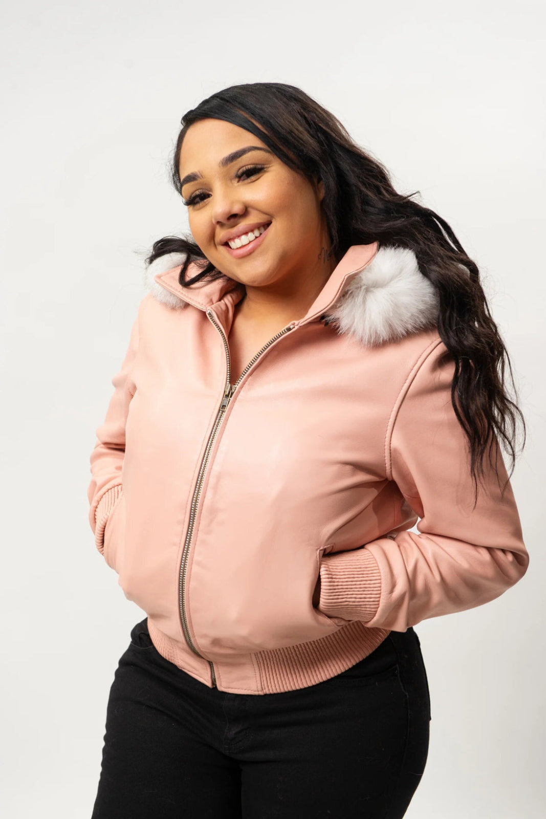 Women's Genuine Leather Fur Hood Jacket [Baby Pink]