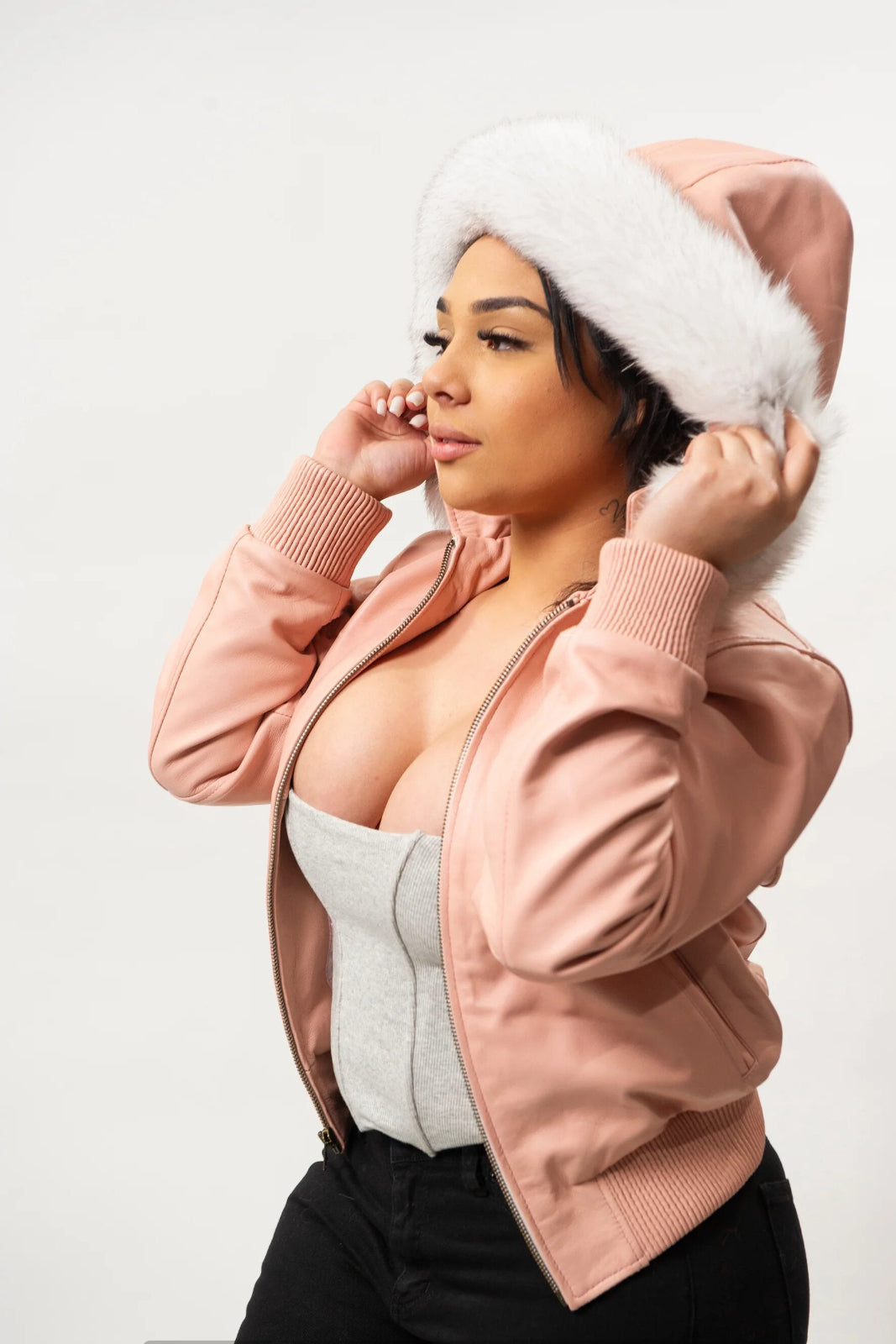 Women's Genuine Leather Fur Hood Jacket [Baby Pink]