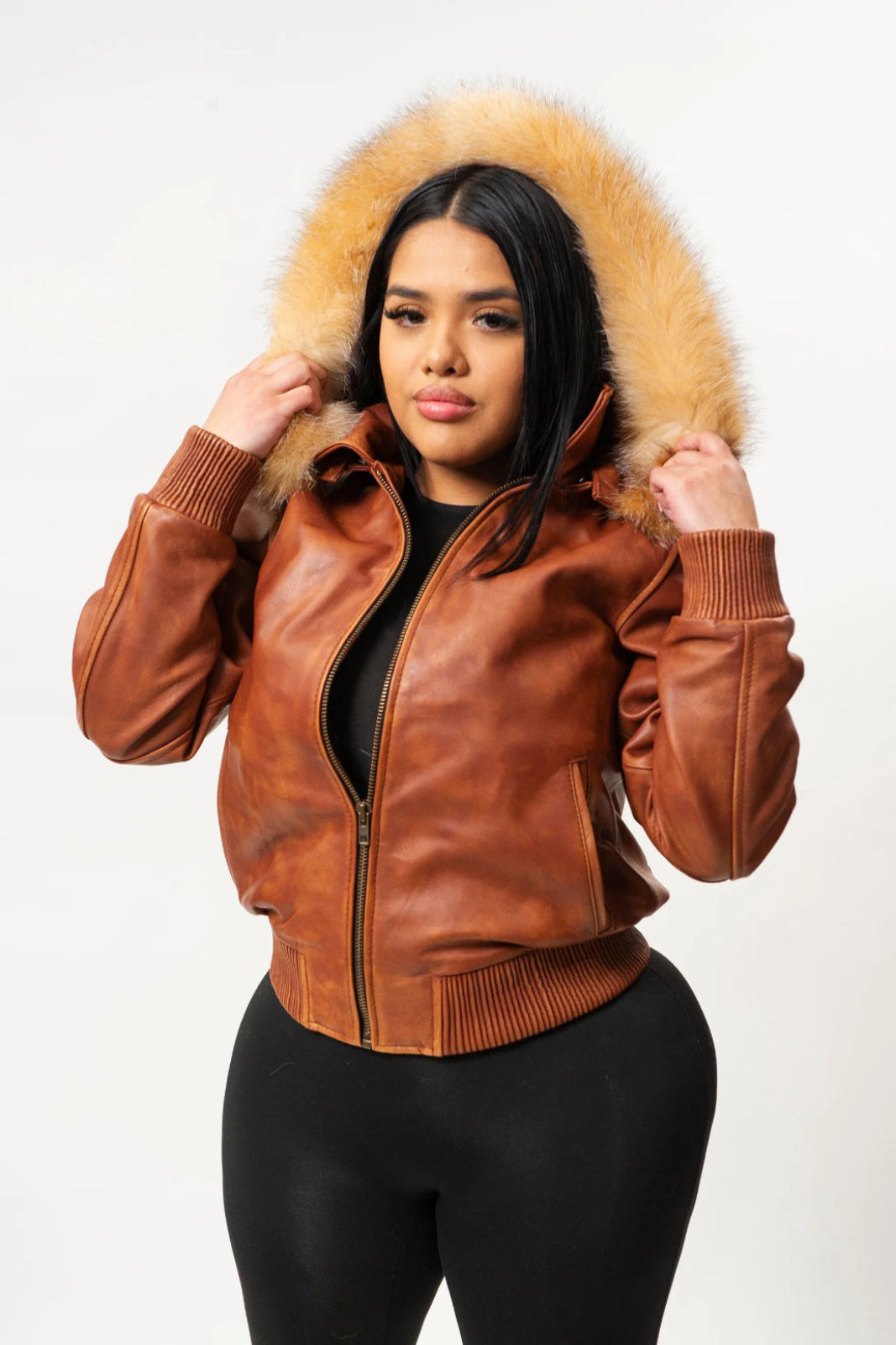 Women's Genuine Leather Fur Hood Jacket [Brown]
