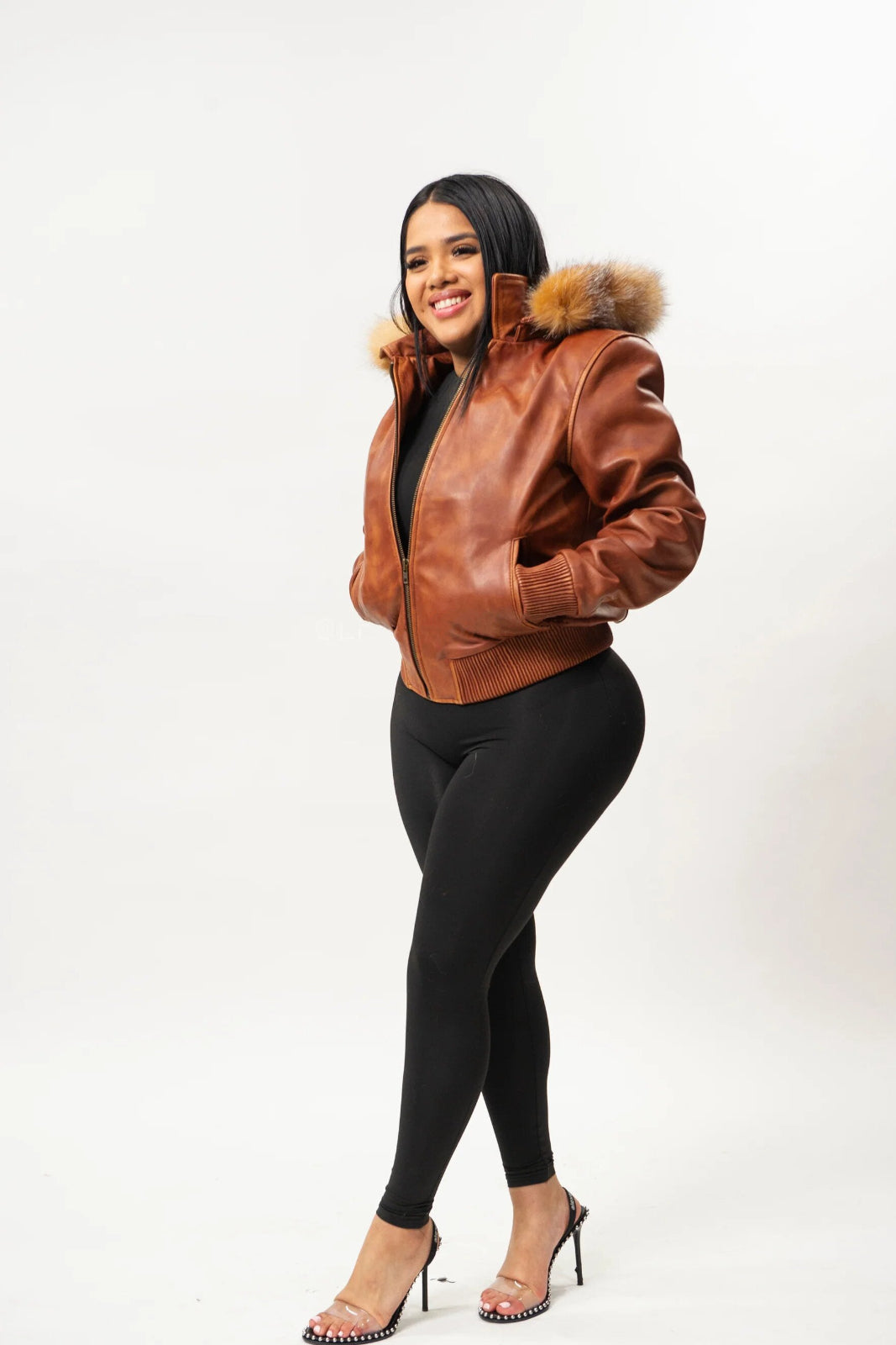 Women's Genuine Leather Fur Hood Jacket [Brown]