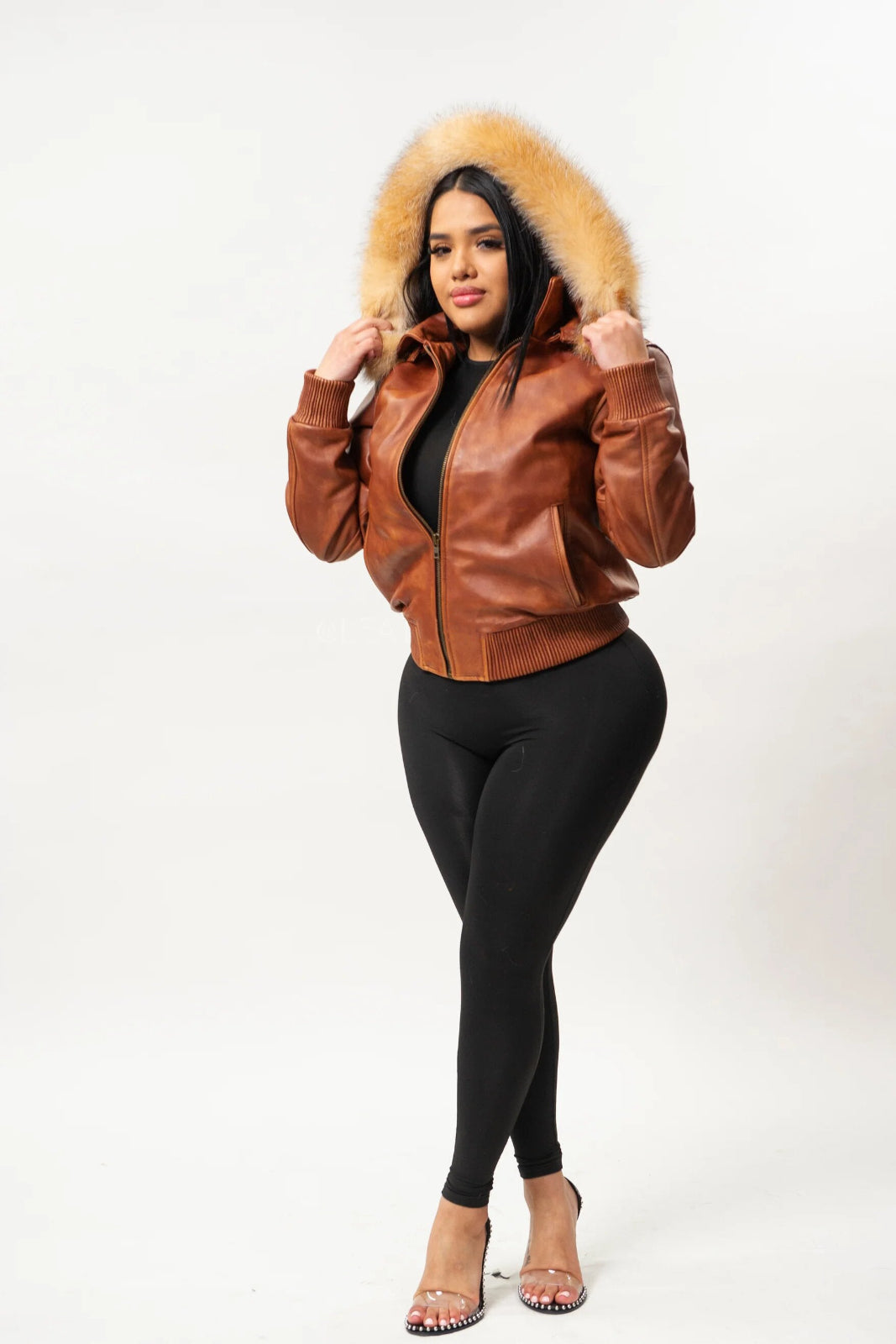 Women's Genuine Leather Fur Hood Jacket [Brown]