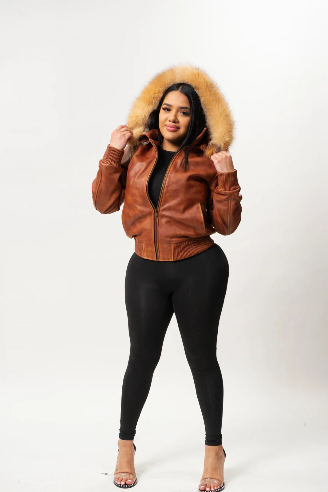 Women's Genuine Leather Fur Hood Jacket [Brown]