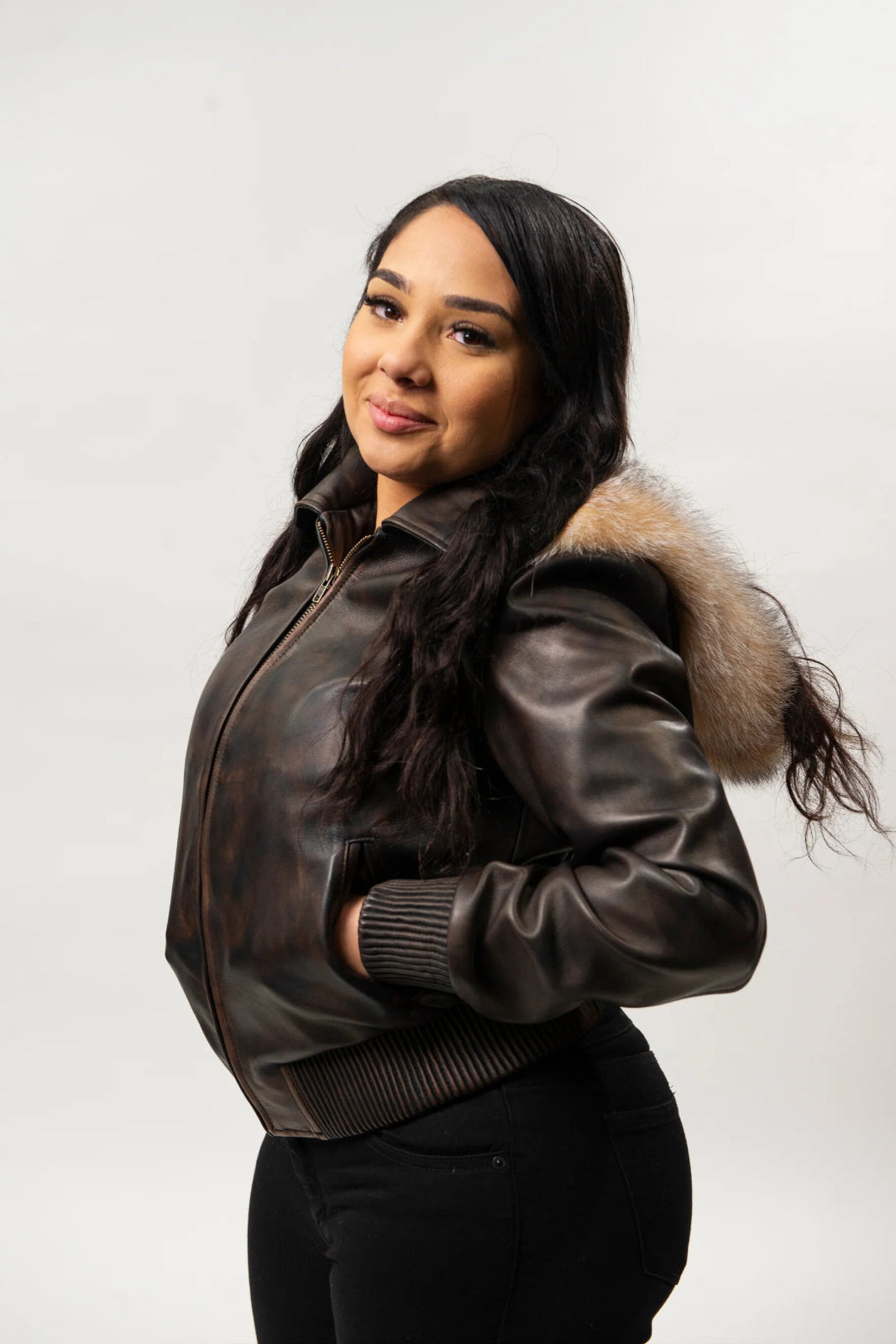 Women's Genuine Leather Fur Hood Jacket [Chocolate Brown]