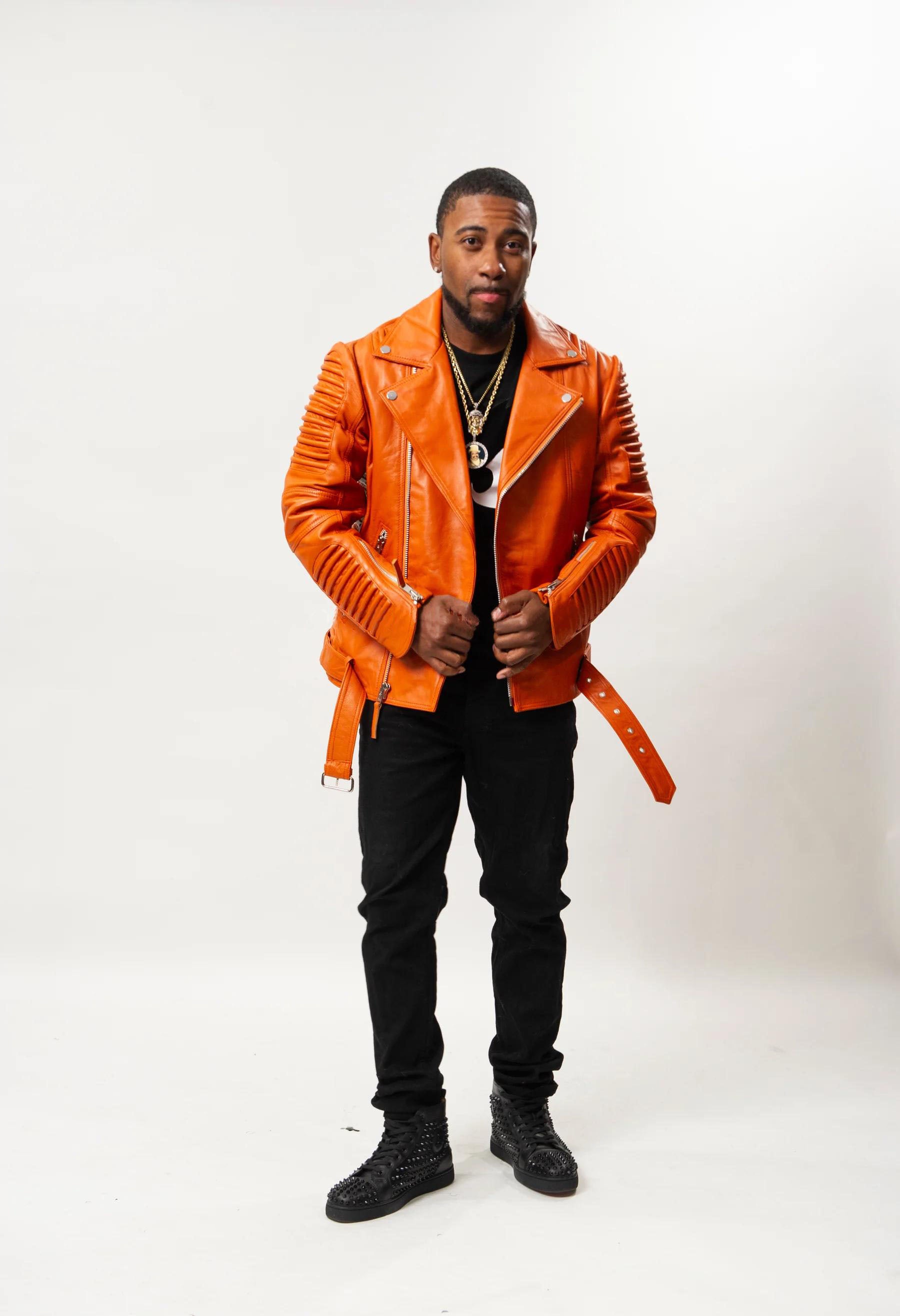 Men's Trey Biker Over-sized Leather Jacket [Orange]