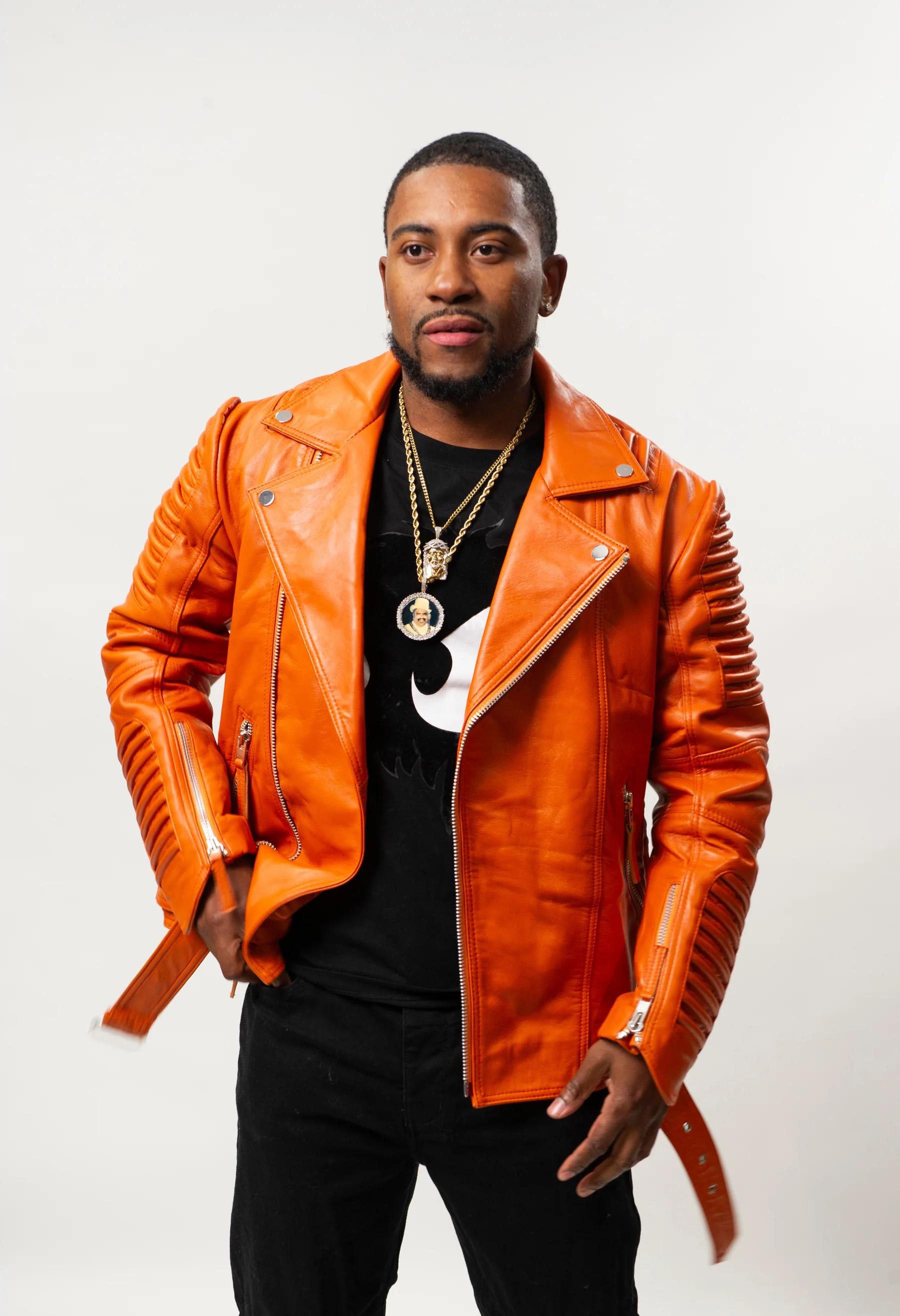 Men's Trey Biker Over-sized Leather Jacket [Orange]