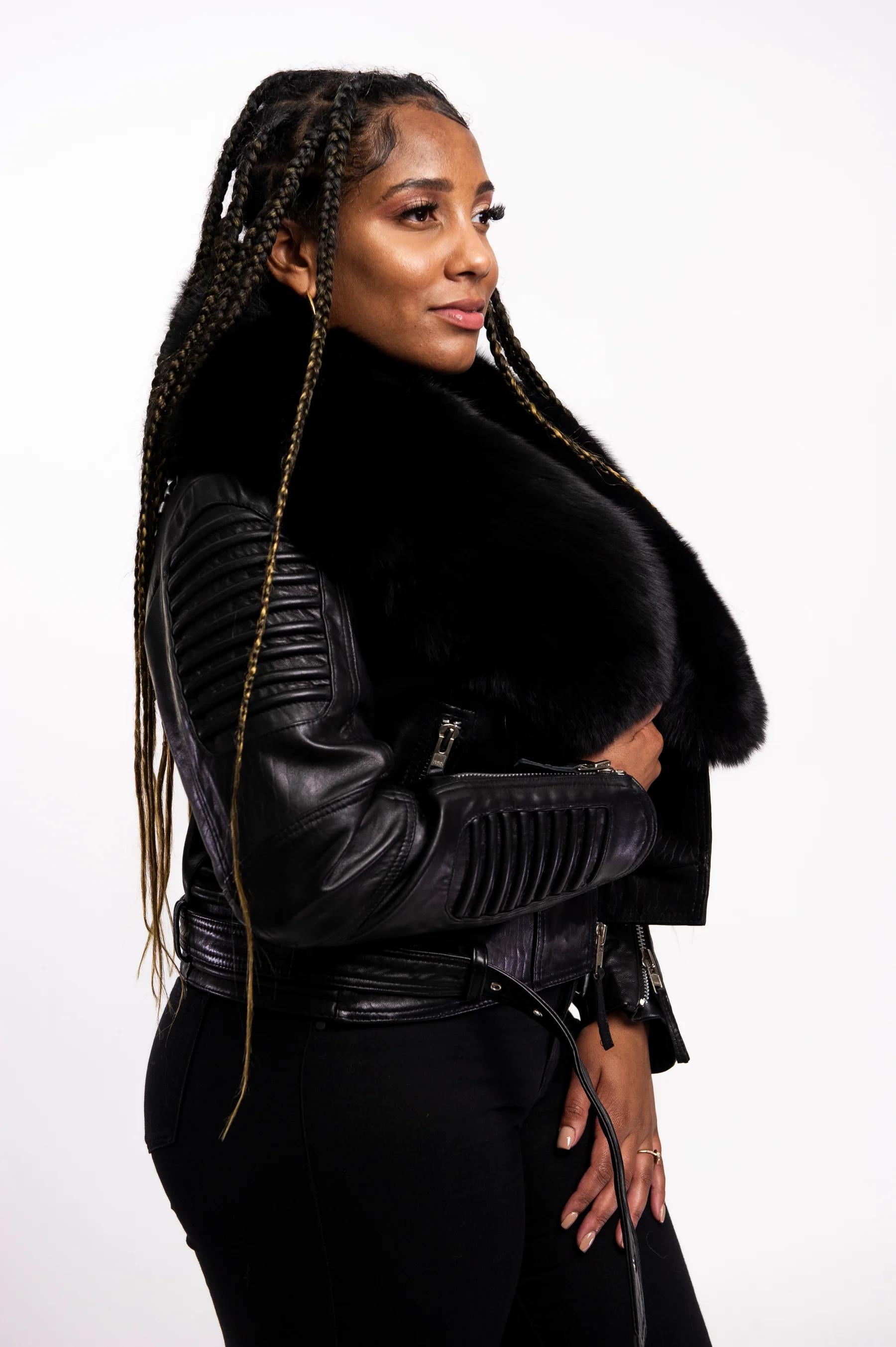 Women's Trey Biker Over-sized Fur Collar Leather Jacket [Black]