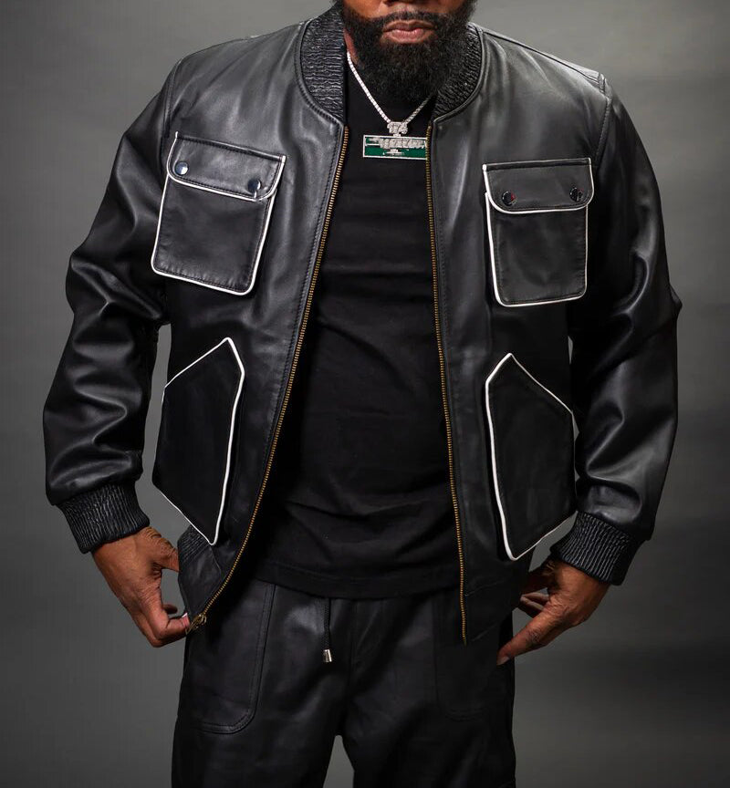 Men's Cargo Style Leather Track Suit Sweat Suit Black with White Piping