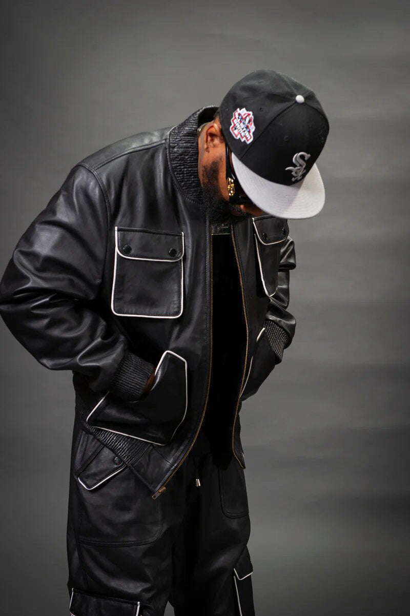 Men's Cargo Style Leather Track Suit Sweat Suit Black with White Piping