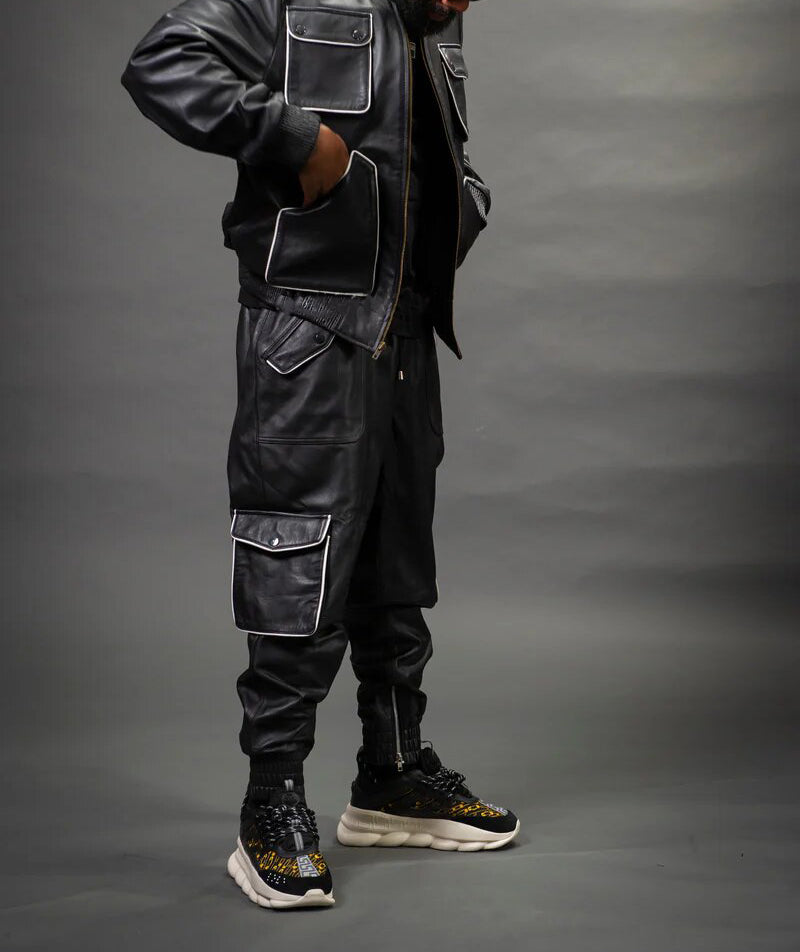 Men's Cargo Style Leather Track Suit Sweat Suit Black with White Piping