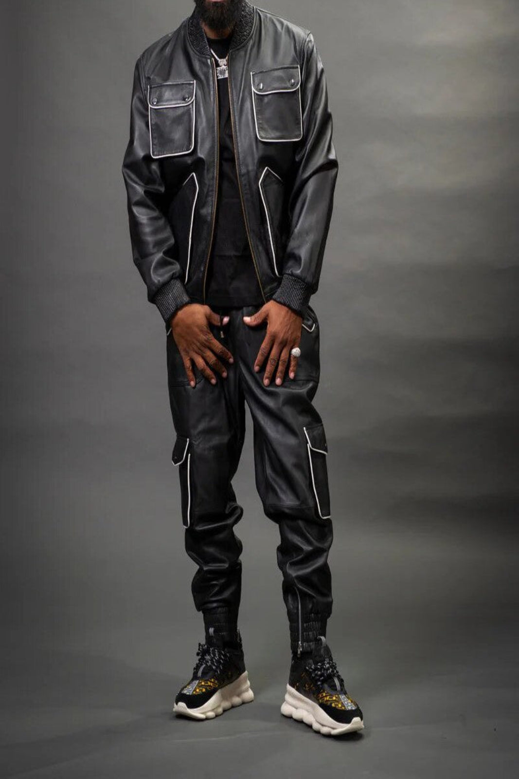 Men's Cargo Style Leather Track Suit Sweat Suit Black with White Piping