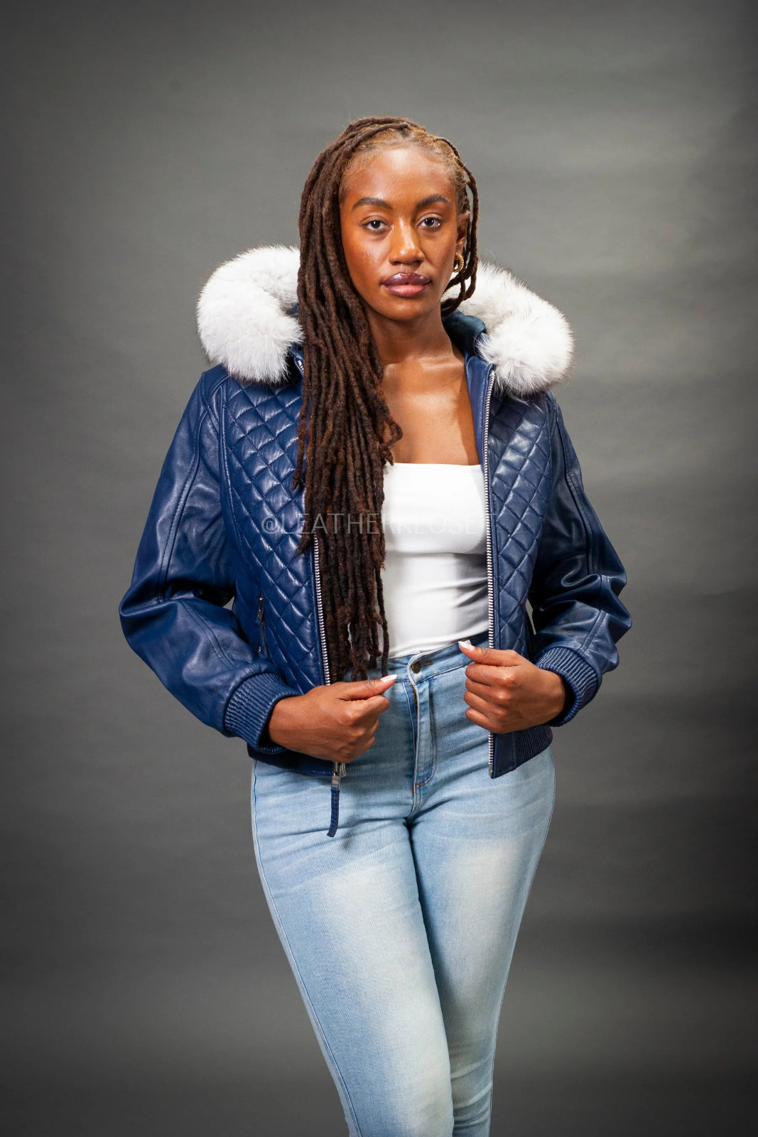 Women's Genuine Leather Fur Hood Lucas Jacket [Navy]