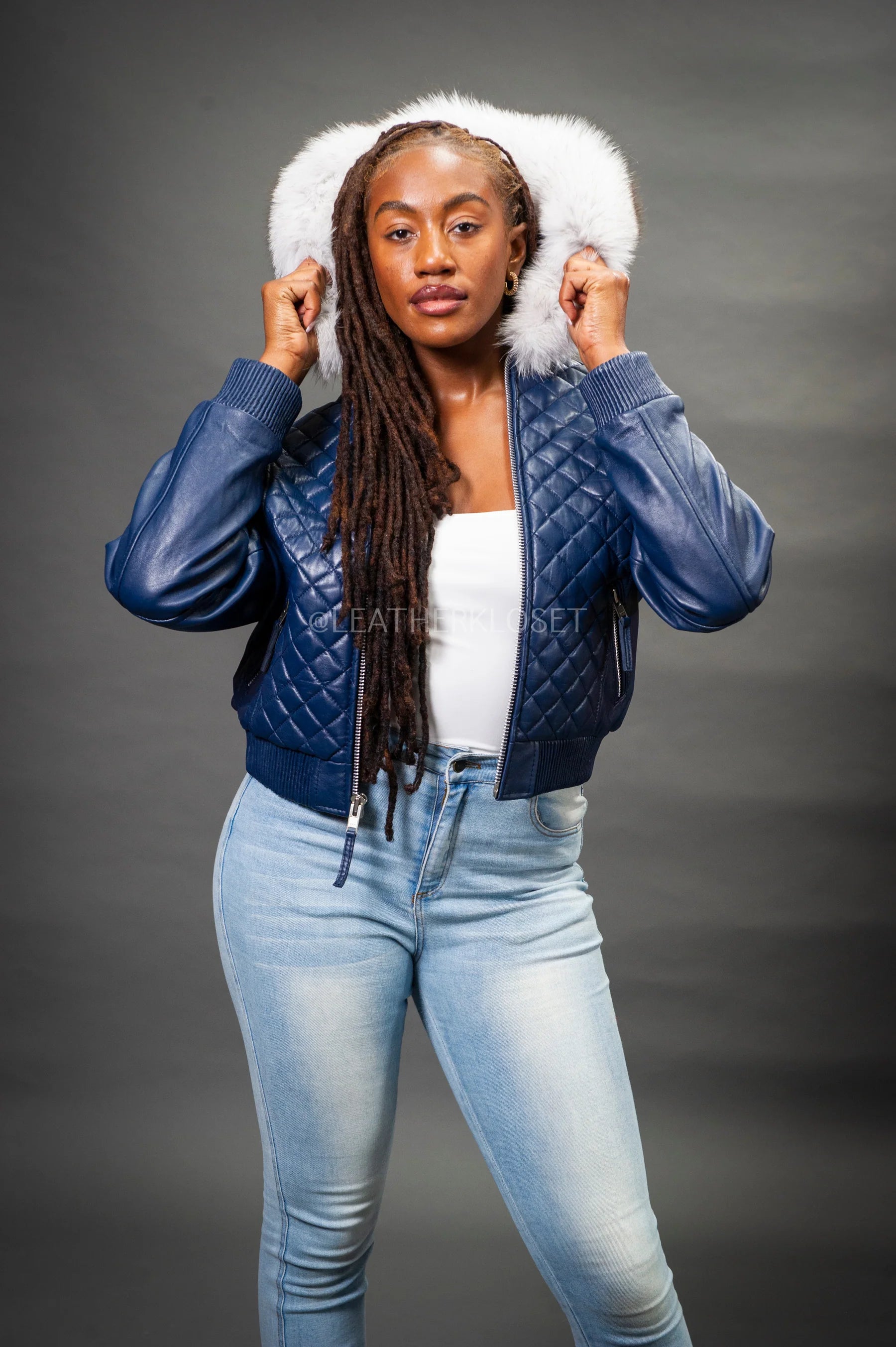 Women's Genuine Leather Fur Hood Lucas Jacket [Navy]